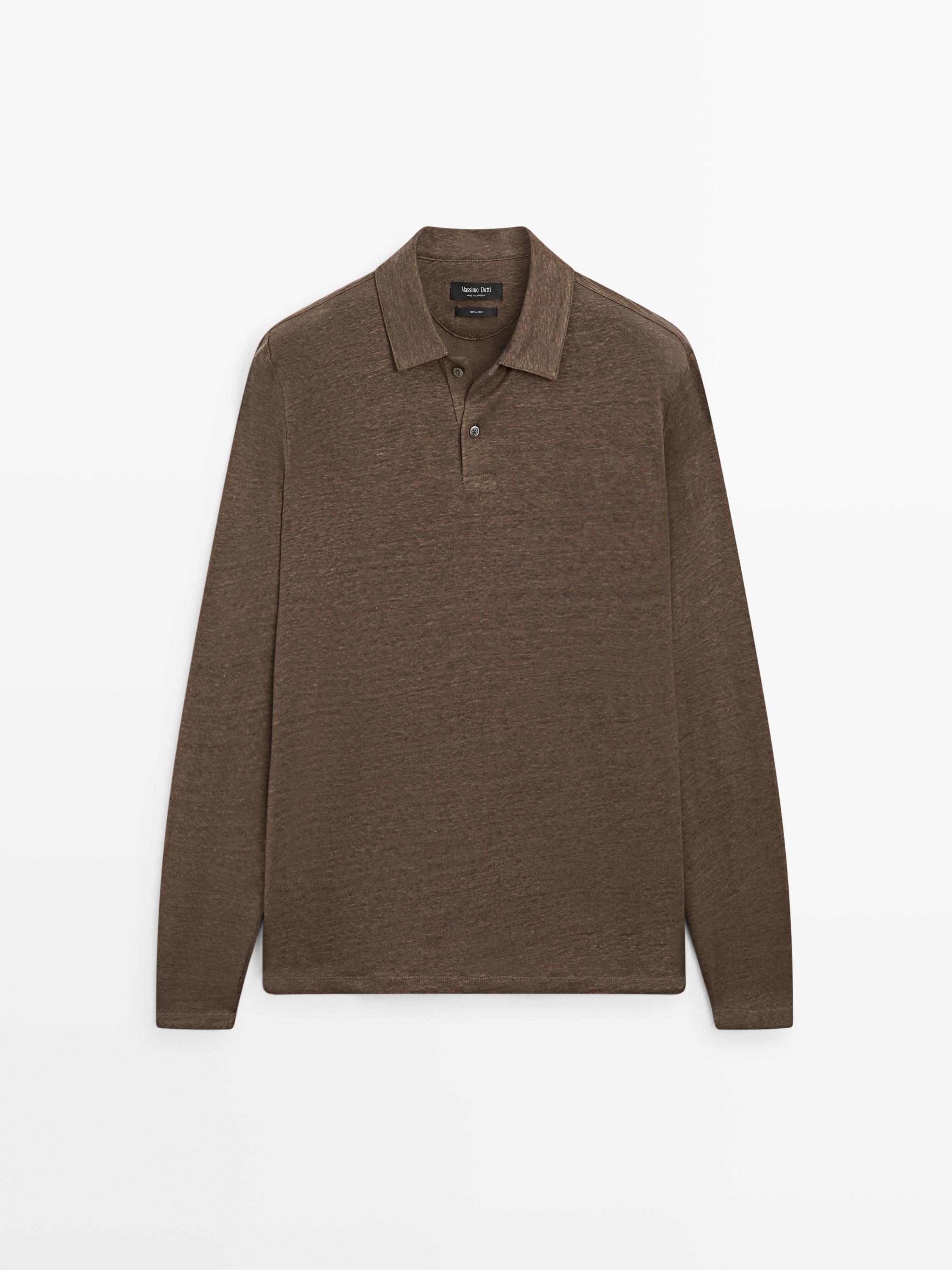 %100 keten uzun kollu polo yaka t-shirt