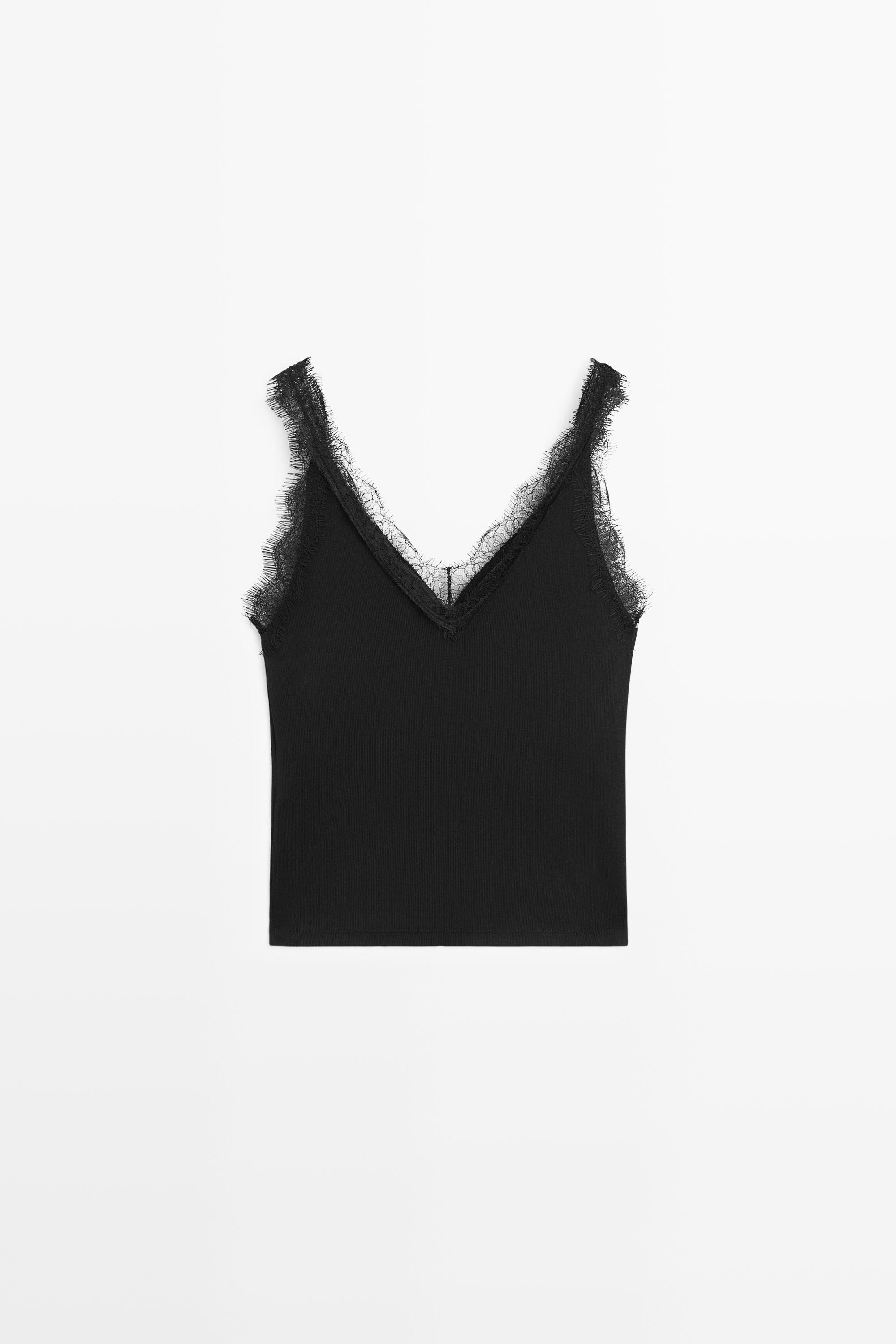 Strappy lace-trim top — BLACK