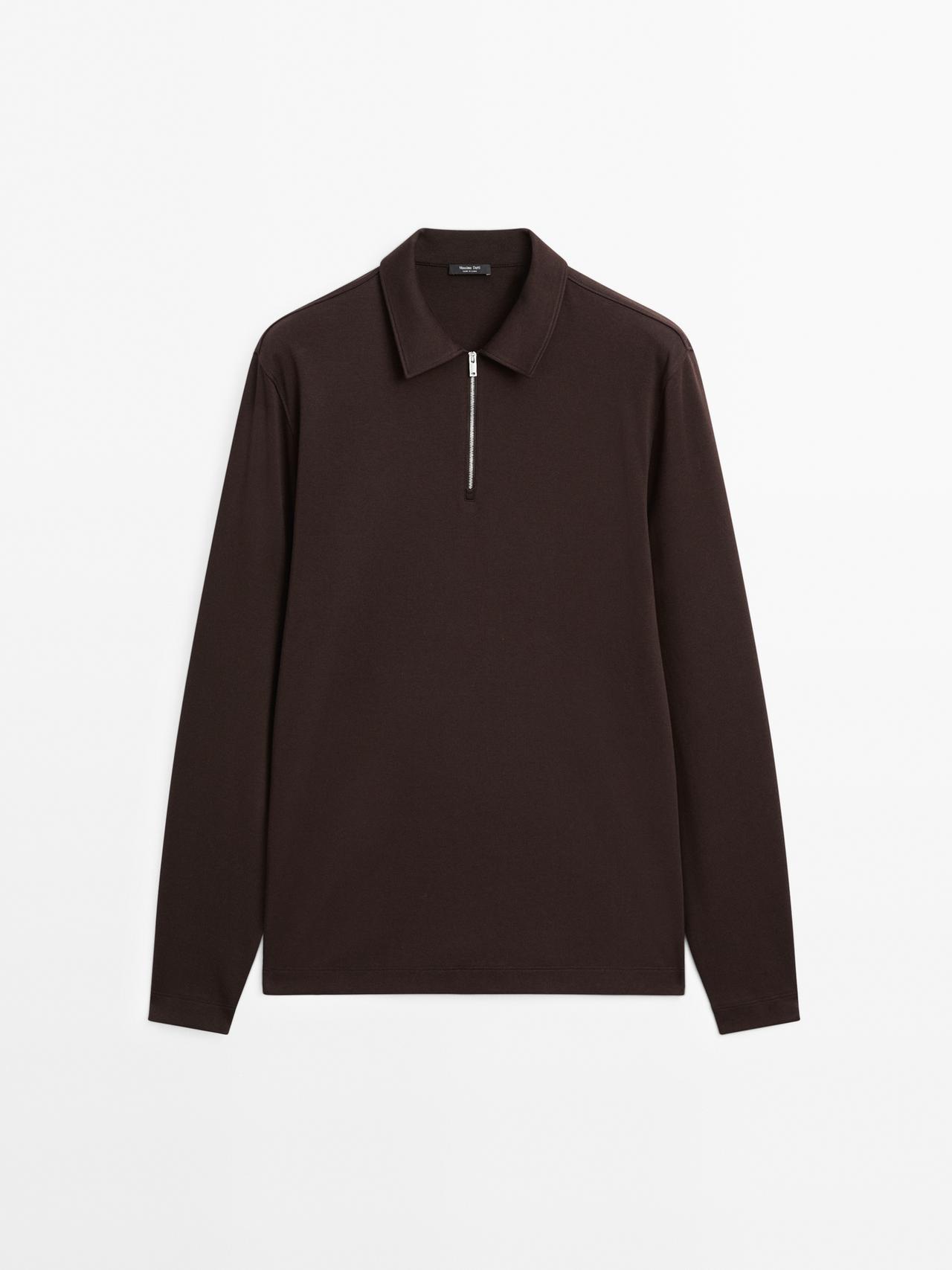 Massimo Dutti - Herre - Langærmet Poloshirt Med Lynlås - Brun - M