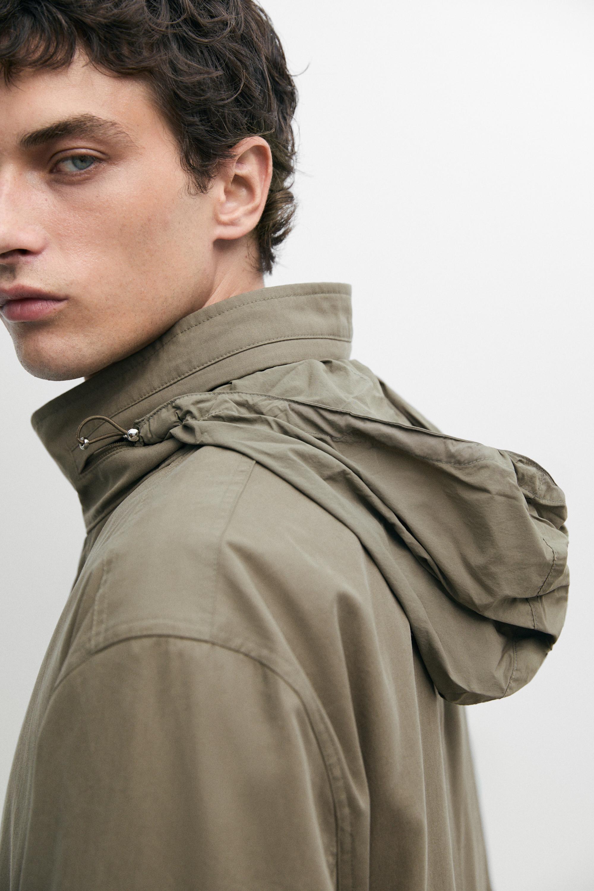 Long high neck 100% cotton parka — PALE KHAKI