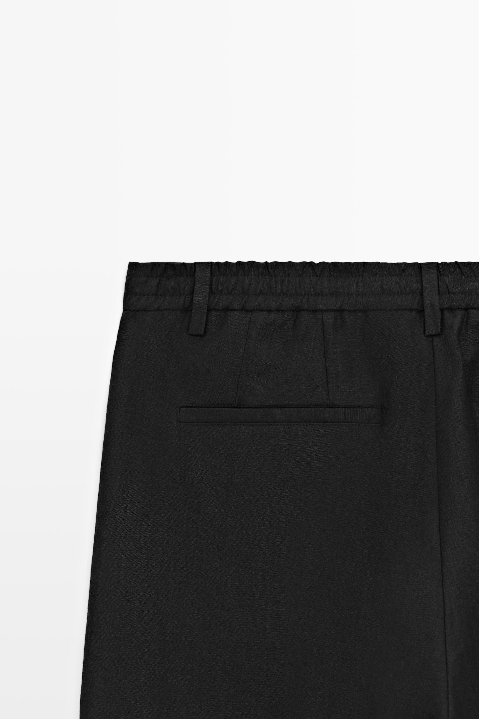 100% linen straight-leg trousers — BLACK