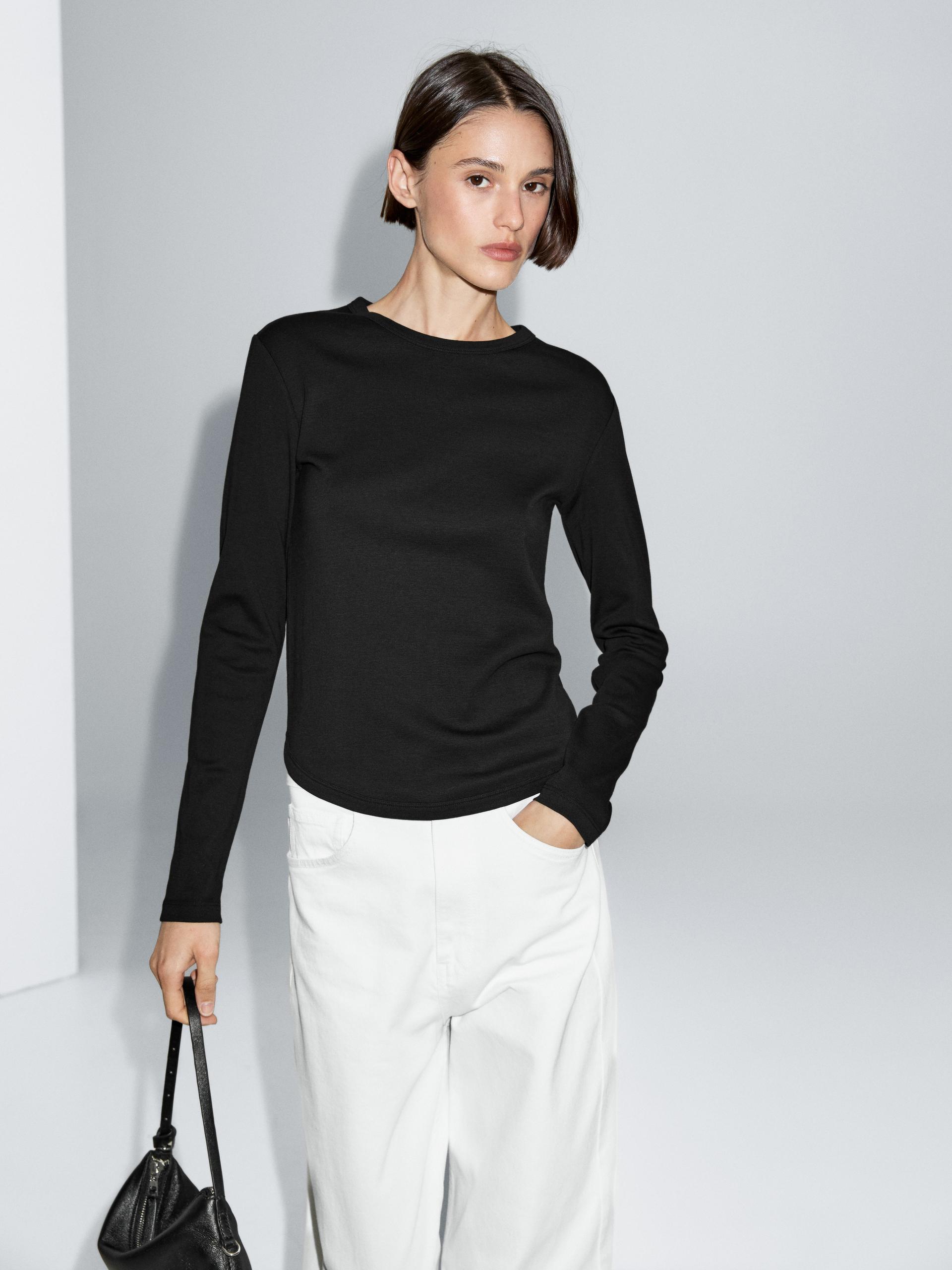 T-Shirt De Manga Comprida Com Parte Inferior Arredondada - Preto - Xs - Massimo Dutti - Mulher