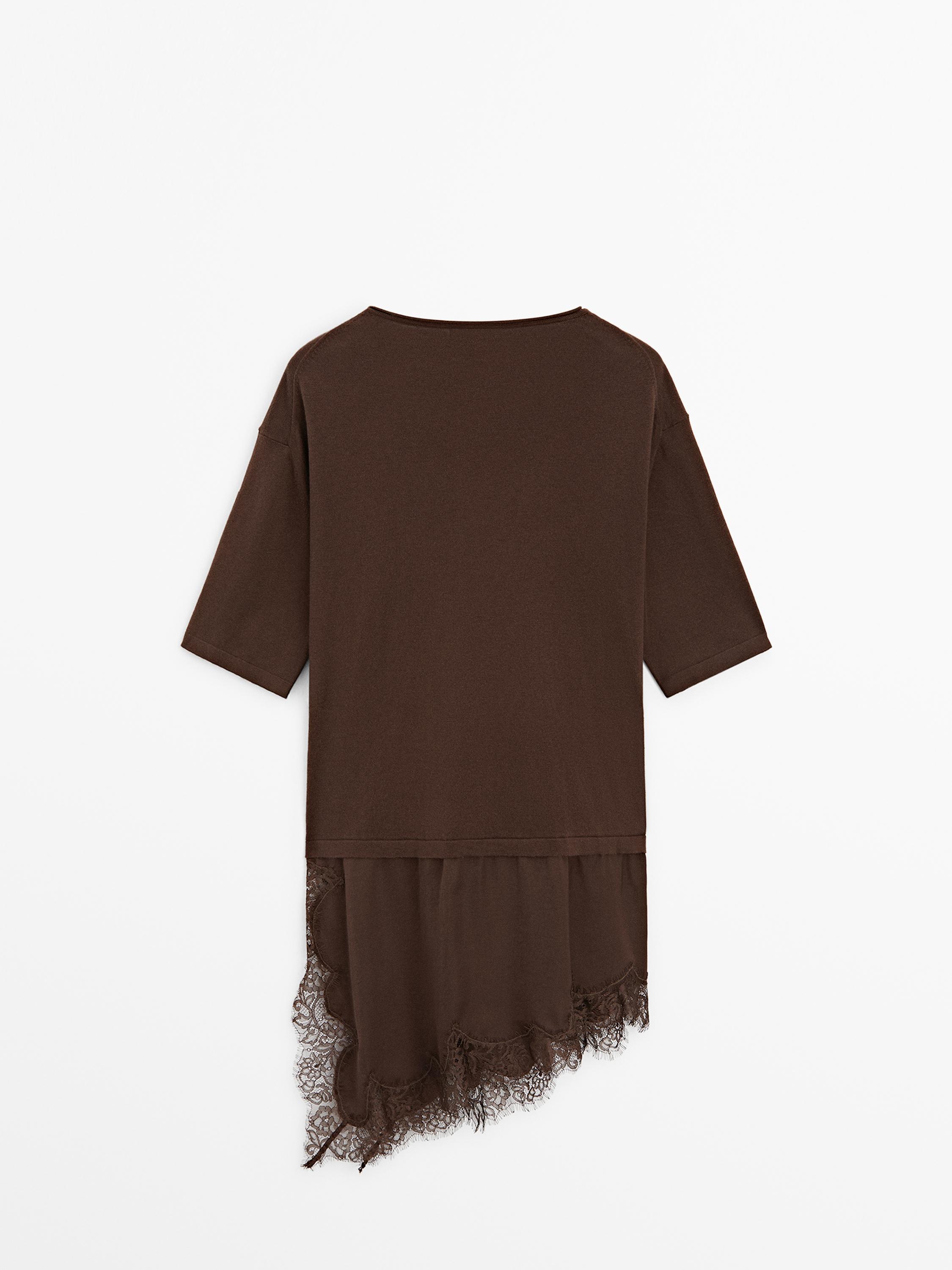Sweater with contrast lace detail — BROWN