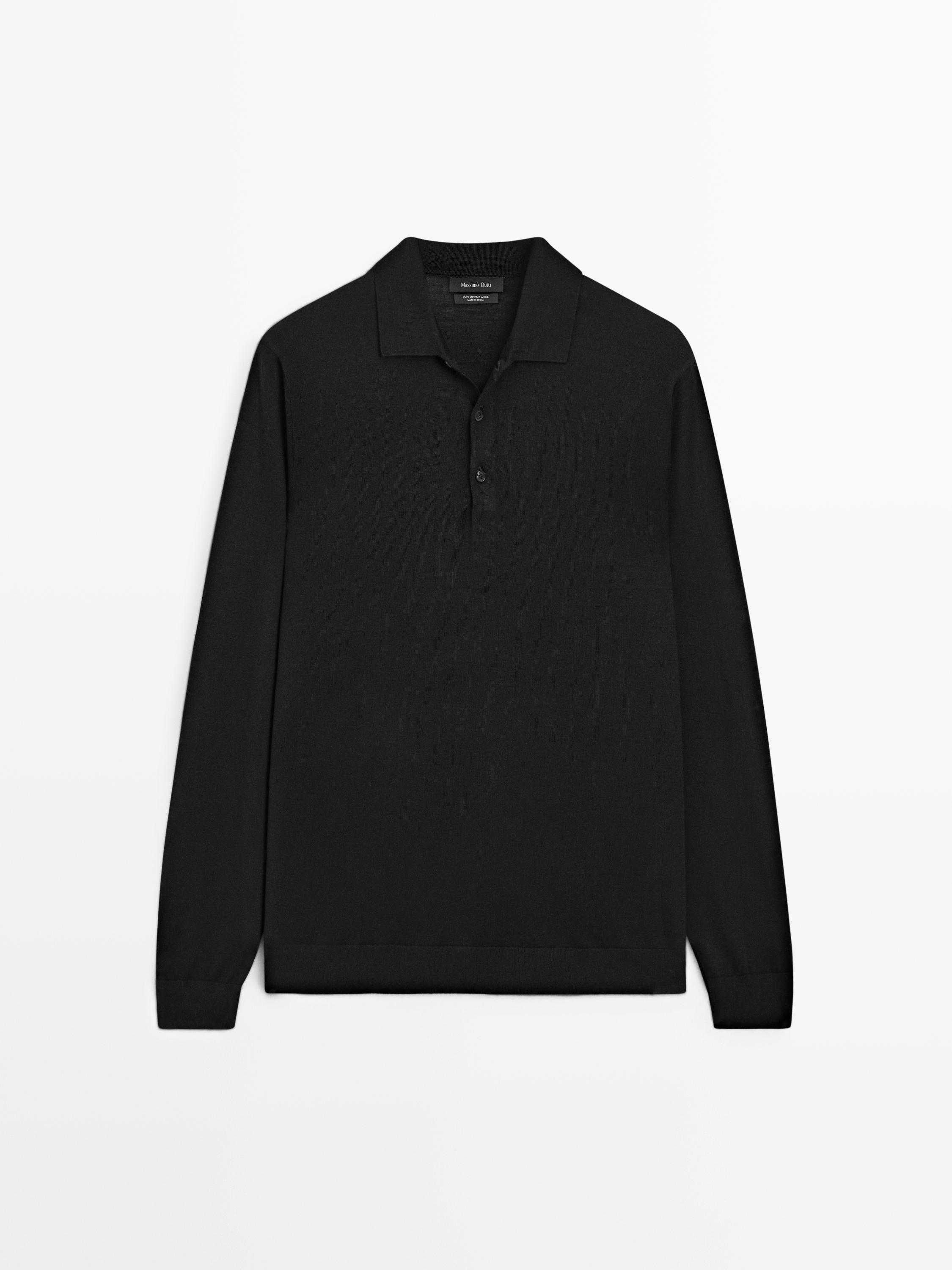100% wool knit sweater with polo collar — BLACK