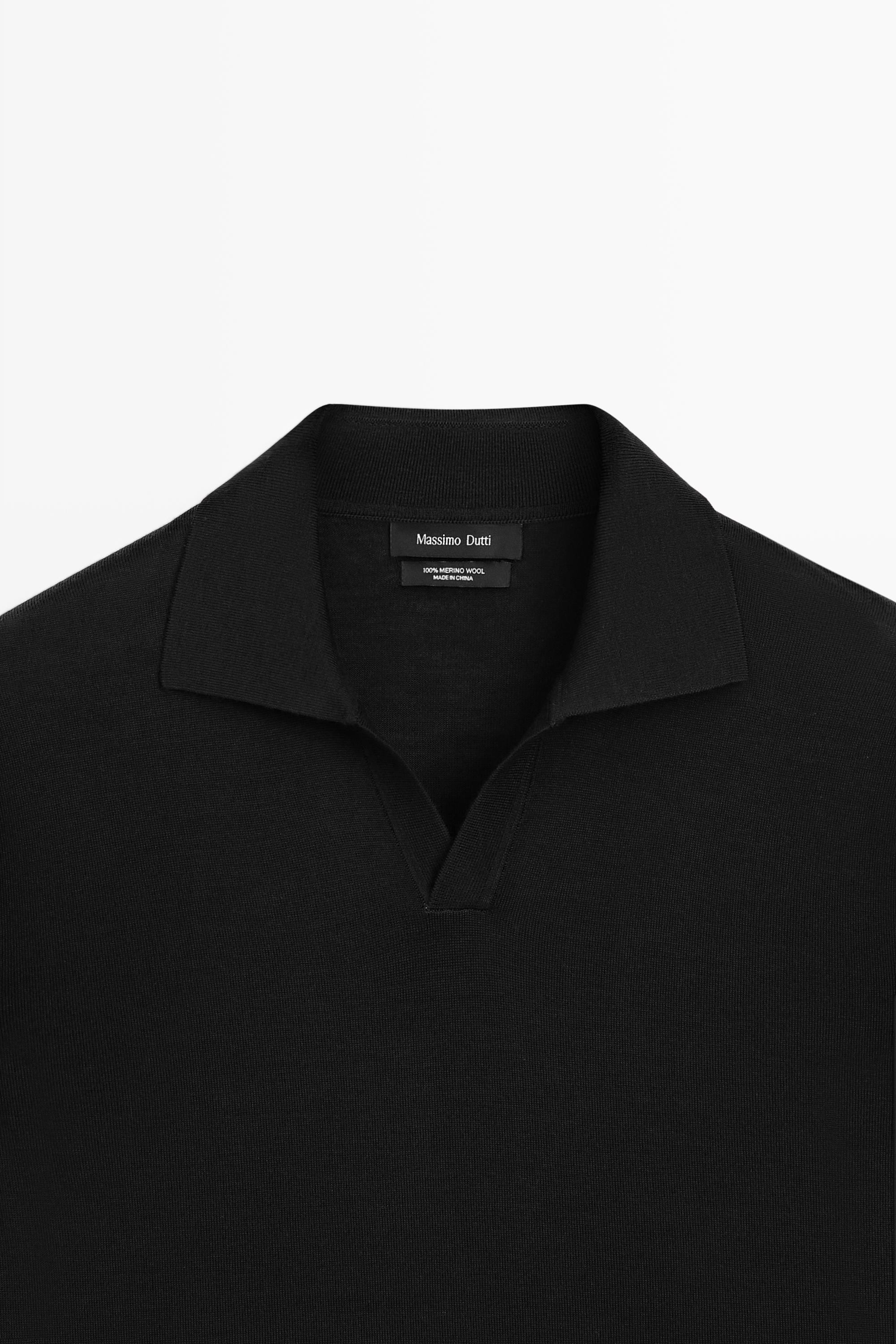 100% merino wool knit polo sweater — BLACK