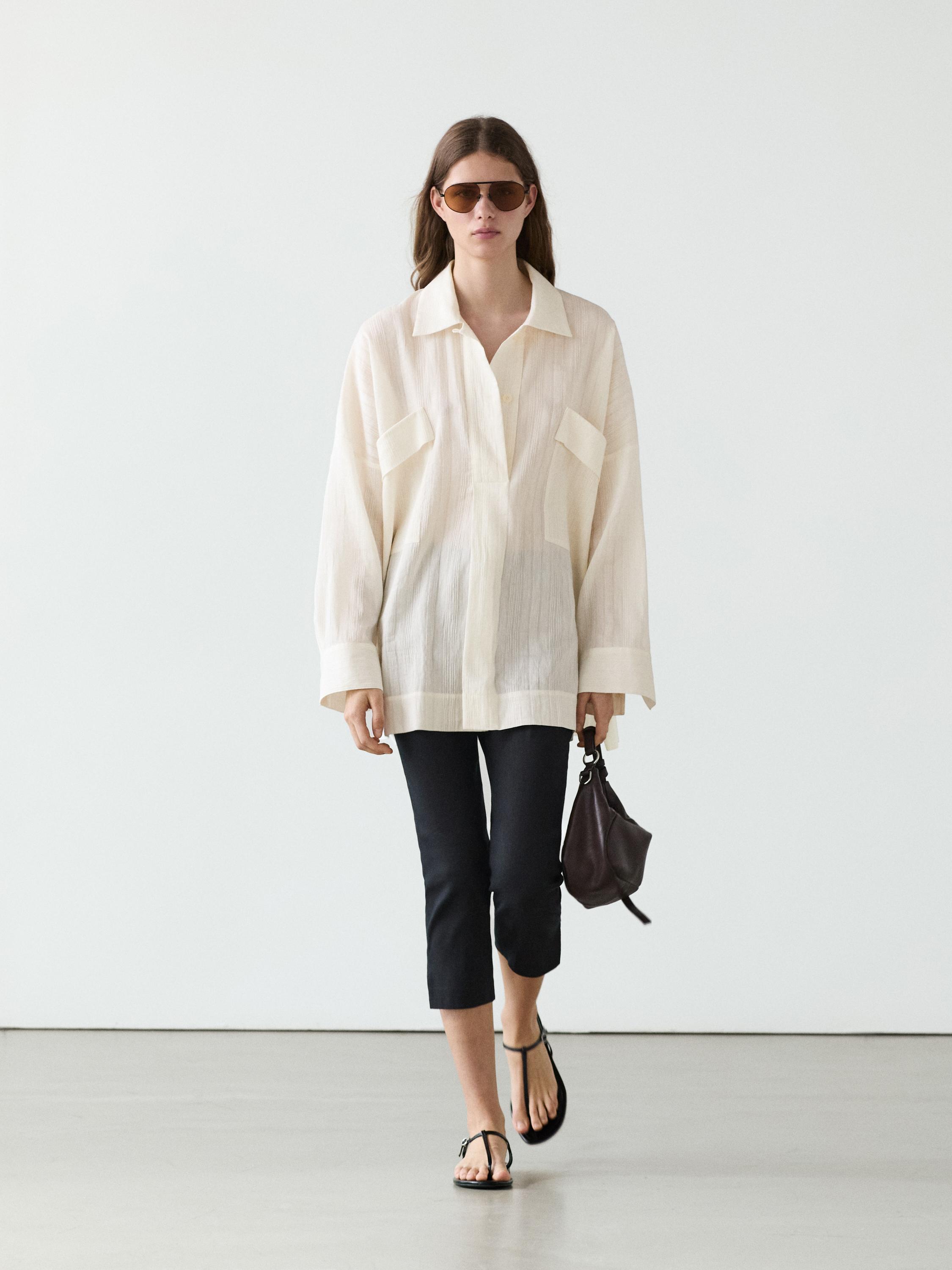 Flowing linen and cotton shirt with opening — Off white