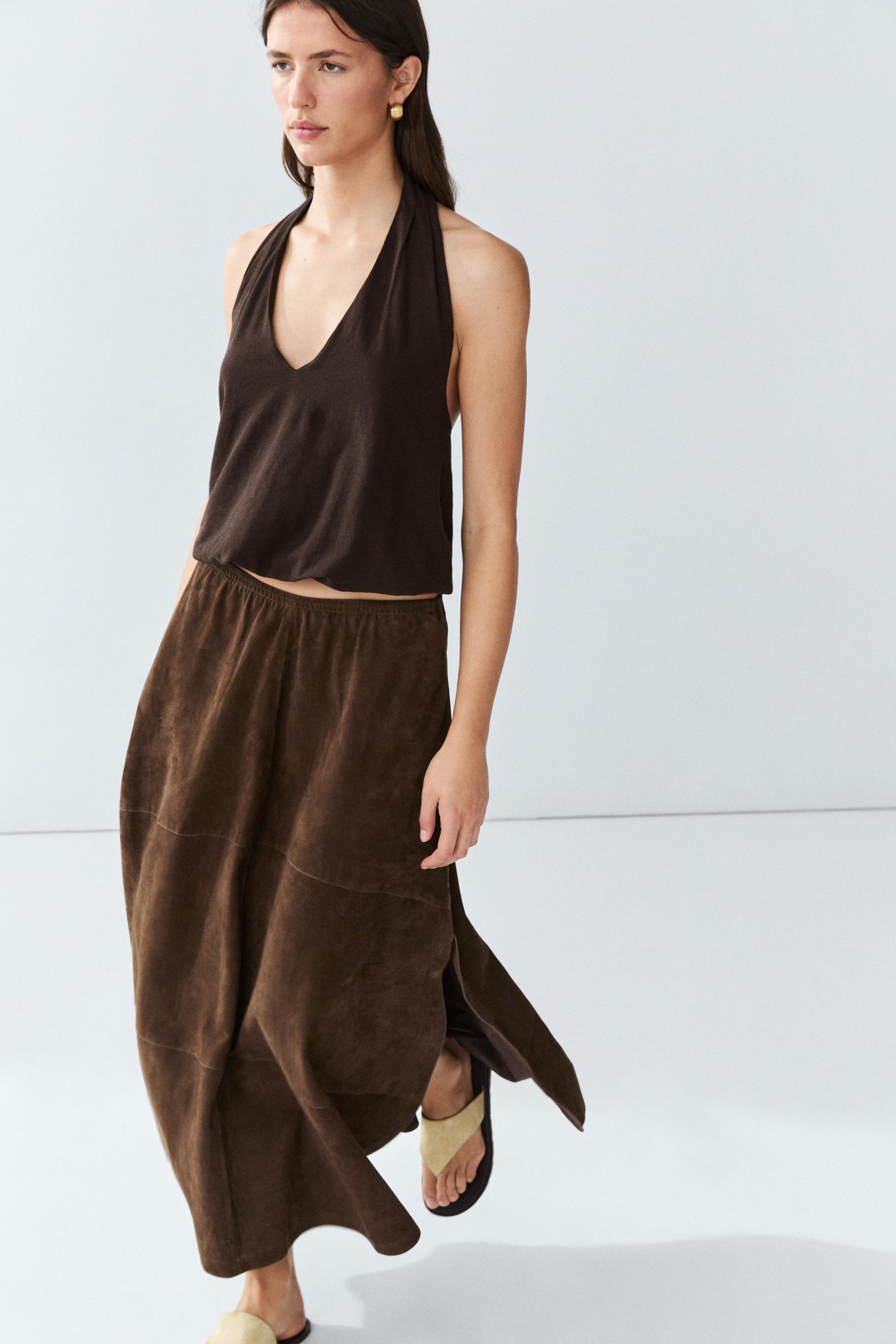 Suede leather midi skirt — BROWN