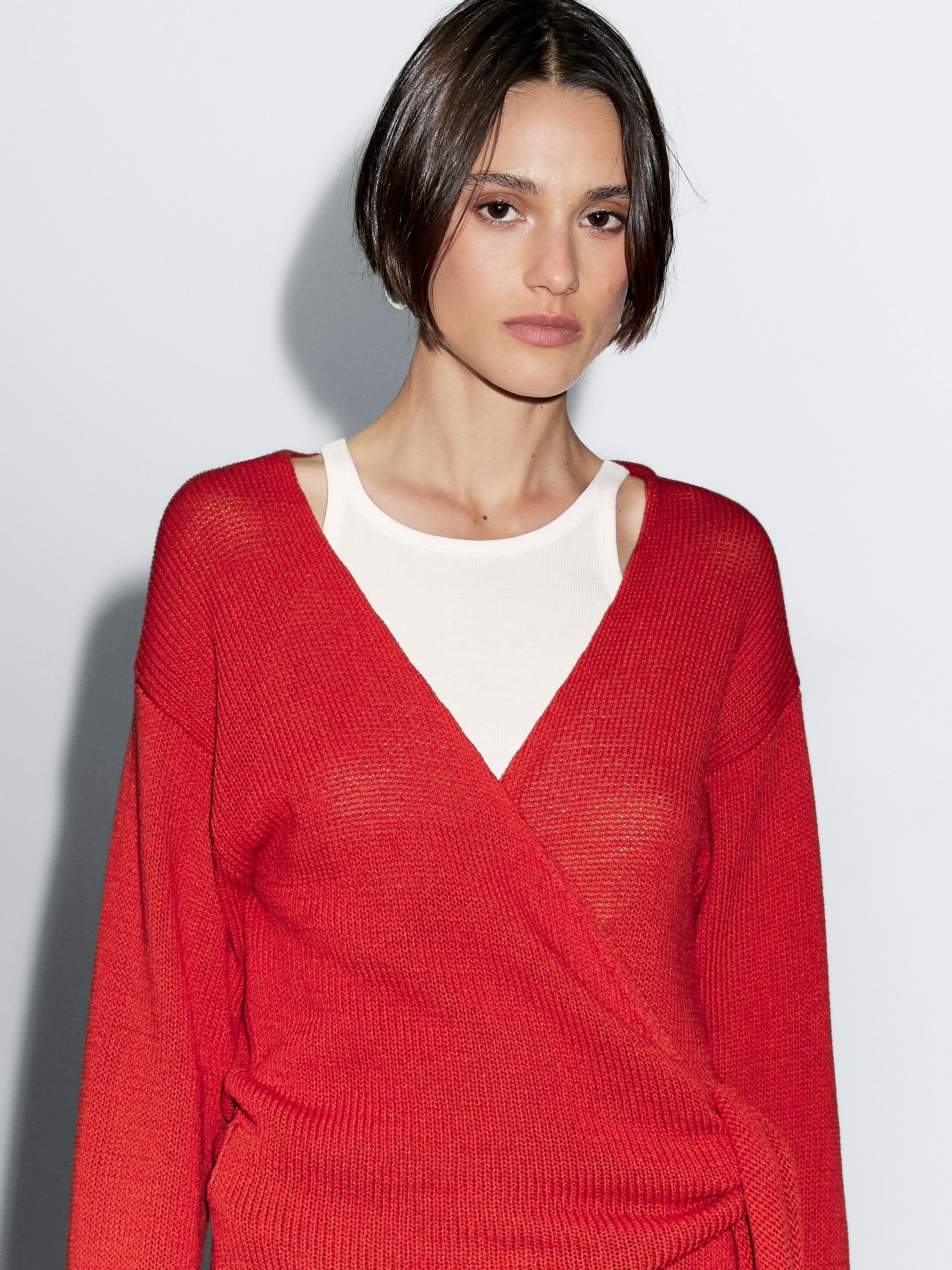 Cardigan In Maglia Con Cintura - Rosso - S - Massimo Dutti - Femminile