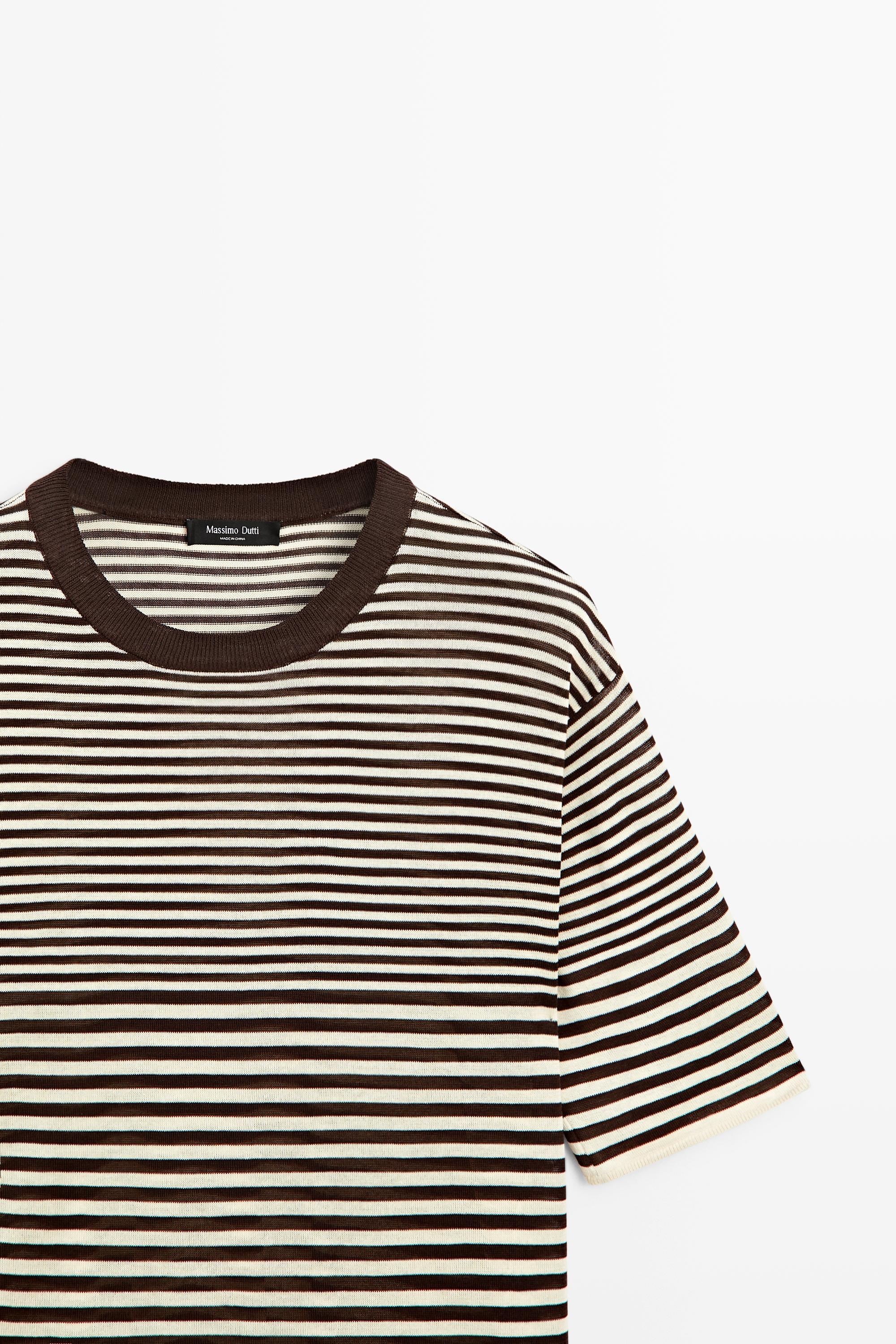 100% cotton short sleeve striped T-shirt — BROWN