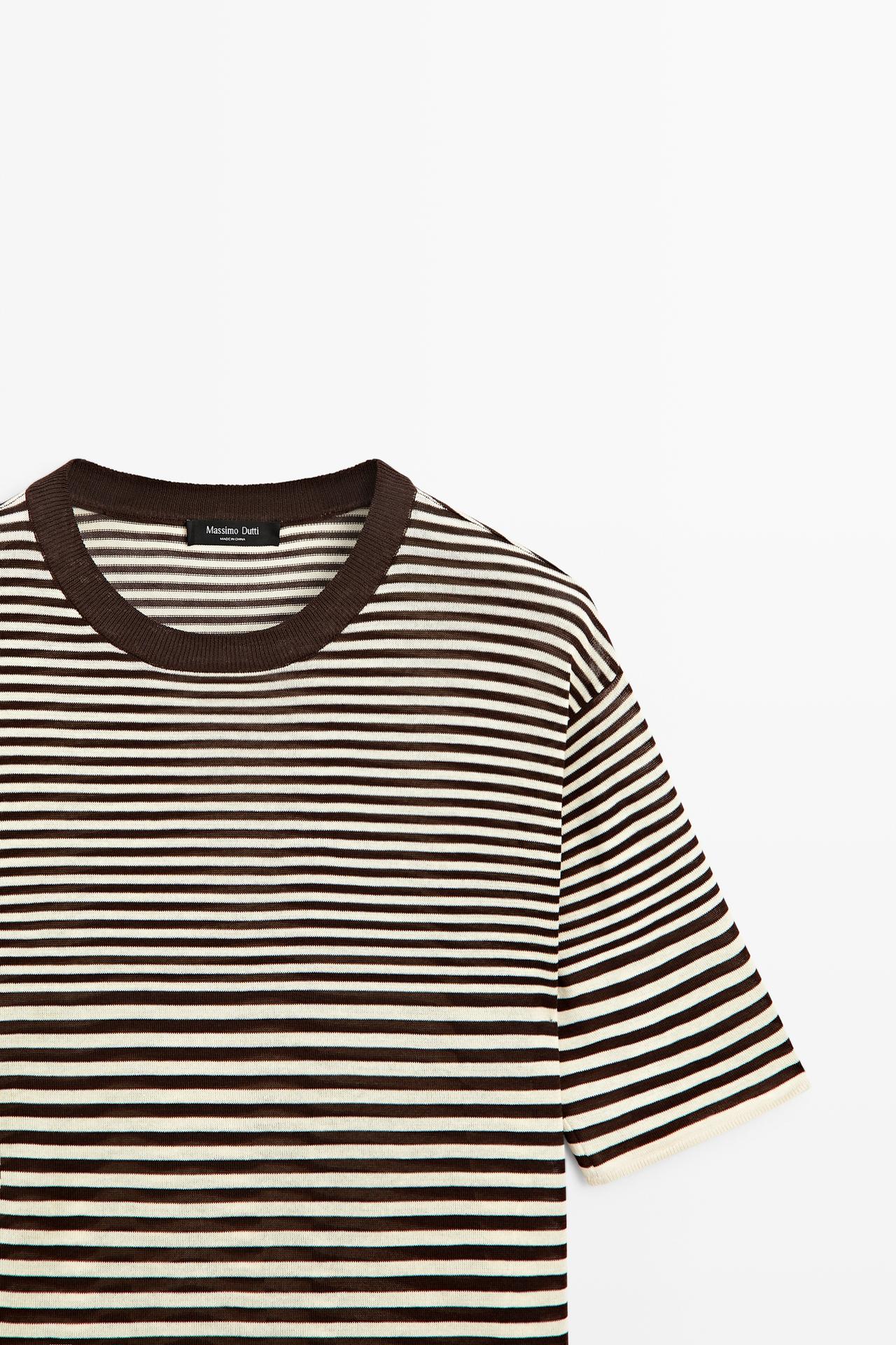 100% cotton short sleeve striped T-shirt — BROWN