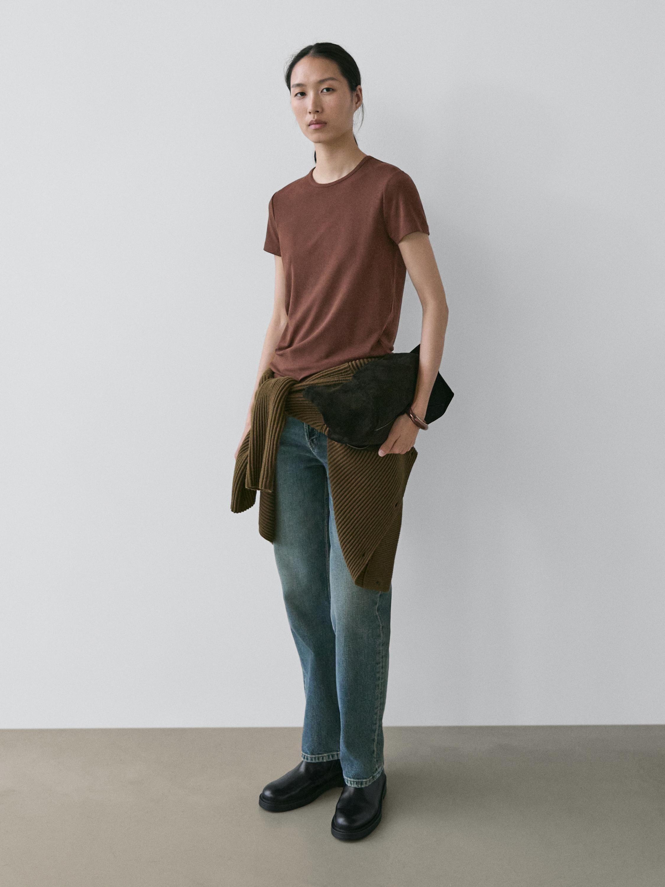 Lyocell blend short sleeve T-shirt — BROWN