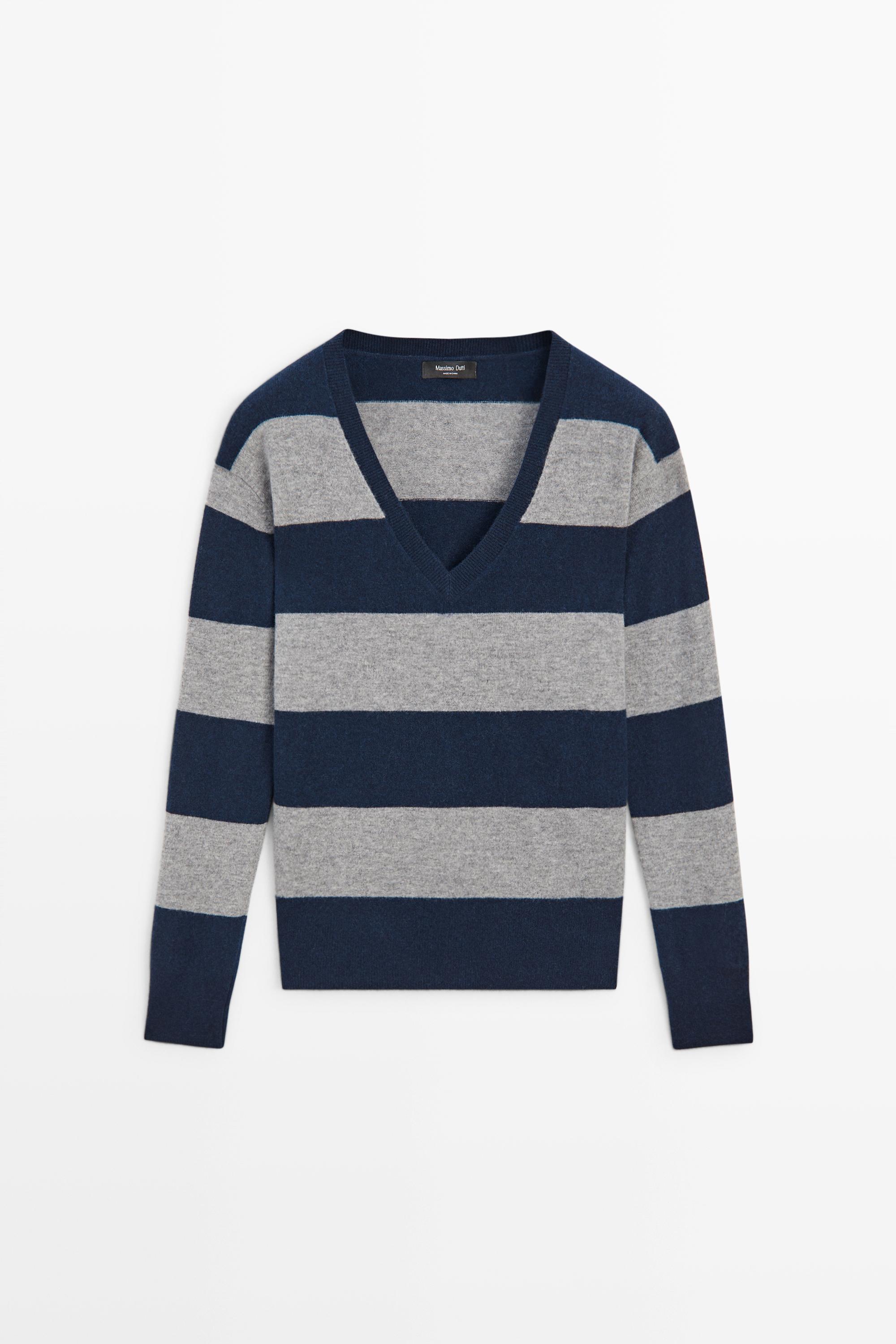 Wool and cashmere stripe V-neck knit sweater
