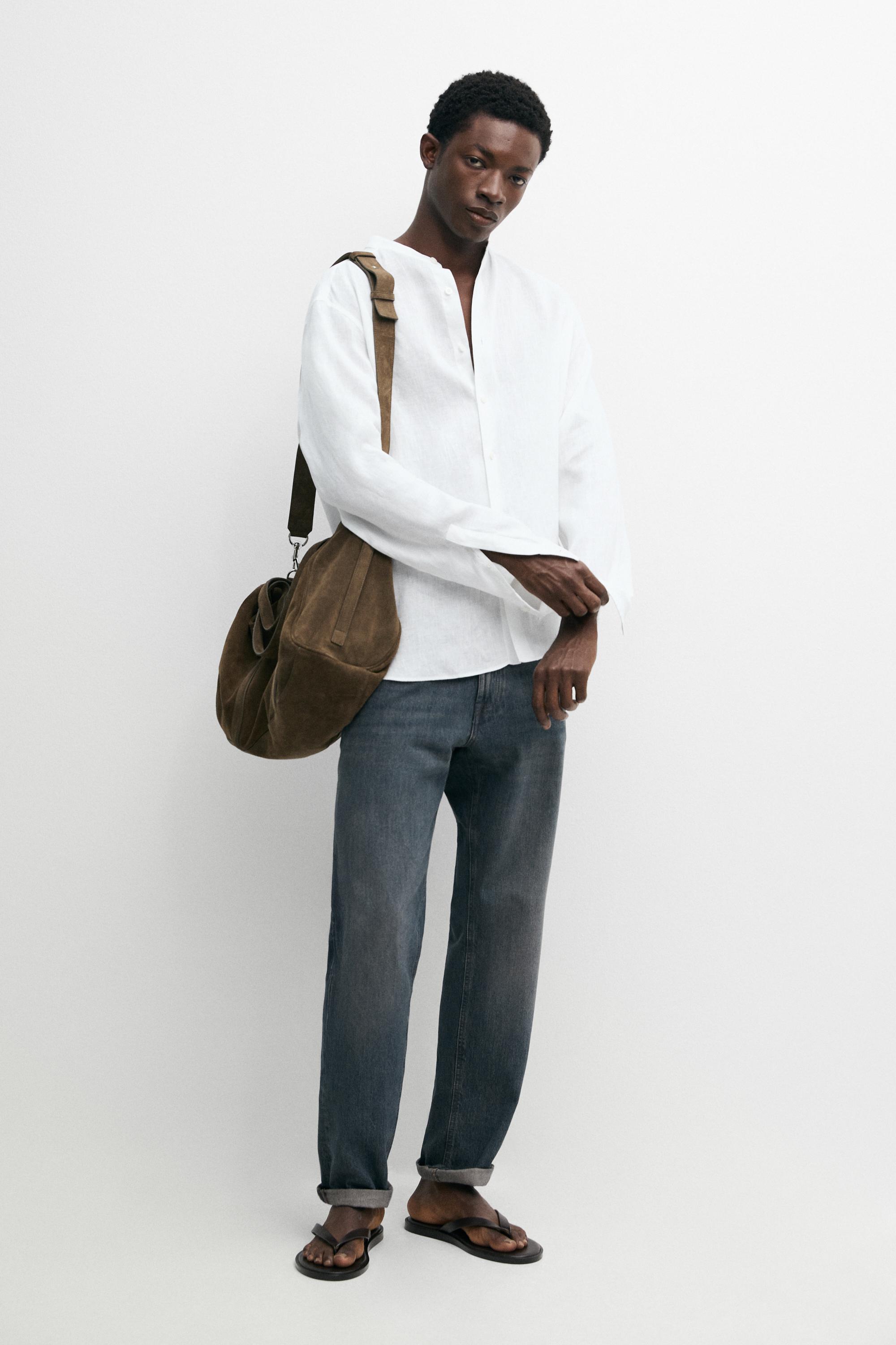 100% linen regular fit stand collar shirt — WHITE