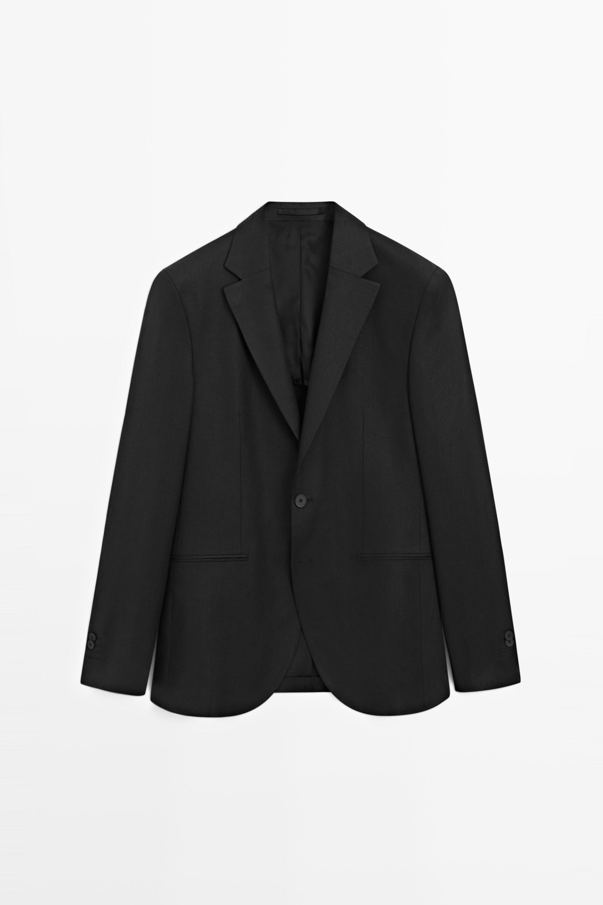 Tailored fit 100% linen suit blazer — BLACK