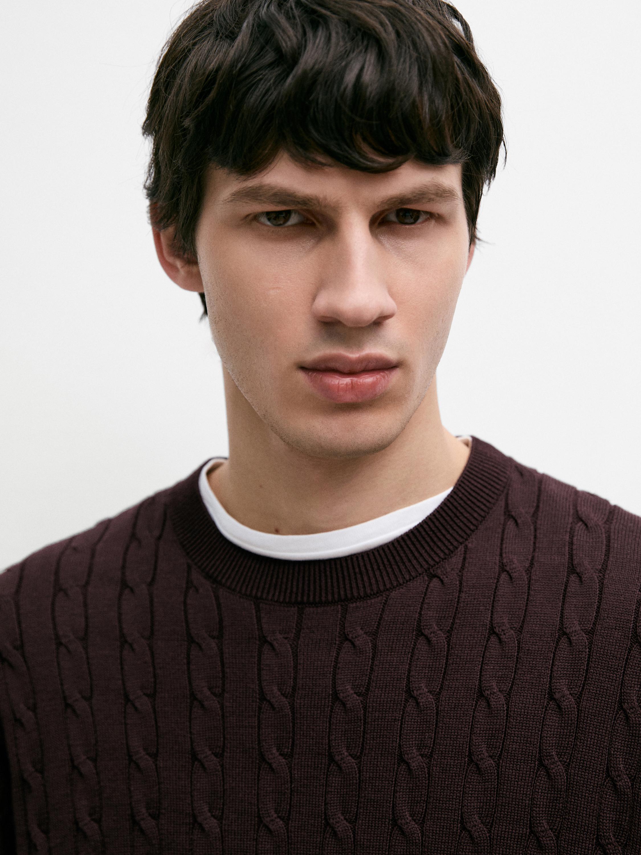 100% cotton cable-knit sweater — BURGUNDY