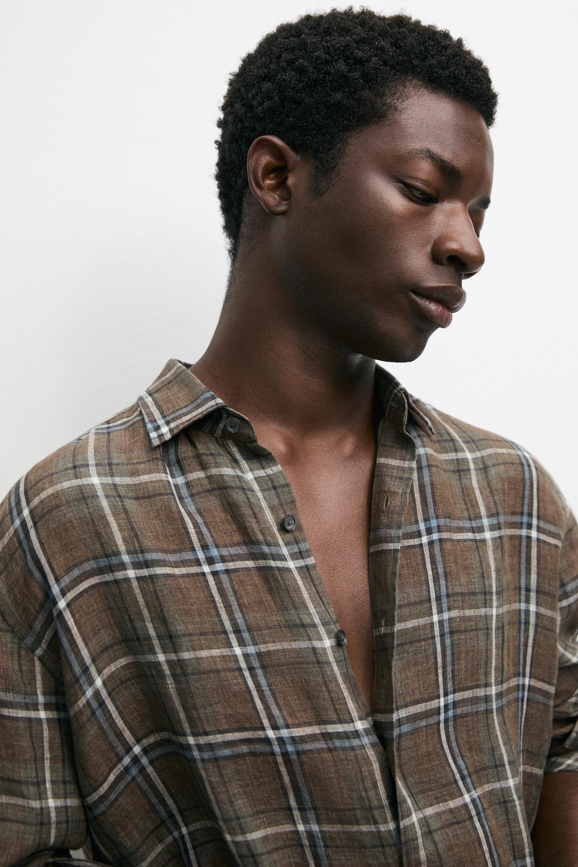 100% linen regular fit check shirt — GREEN