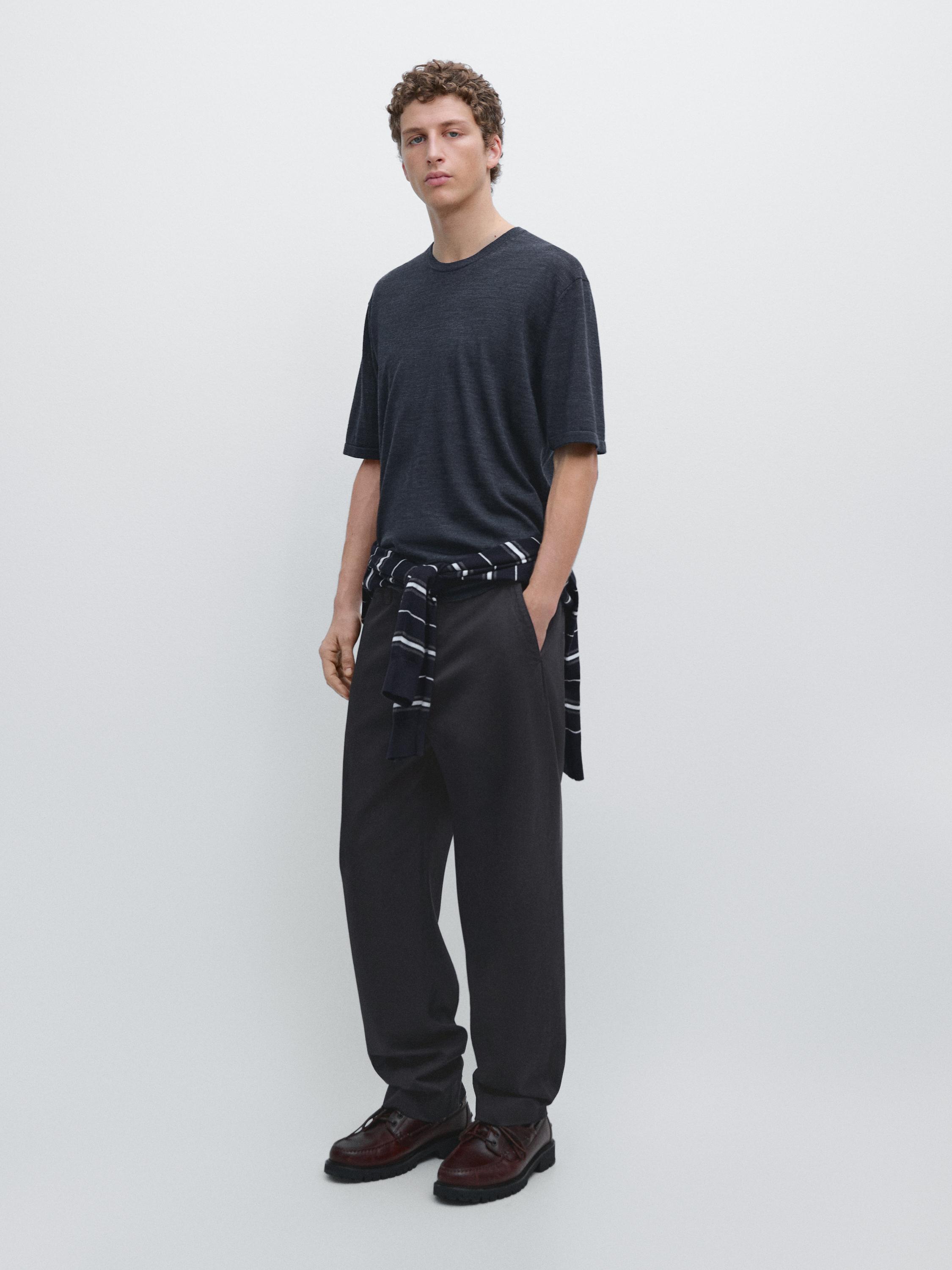 Wool-blend short-sleeve knit sweater — DARK NAVY