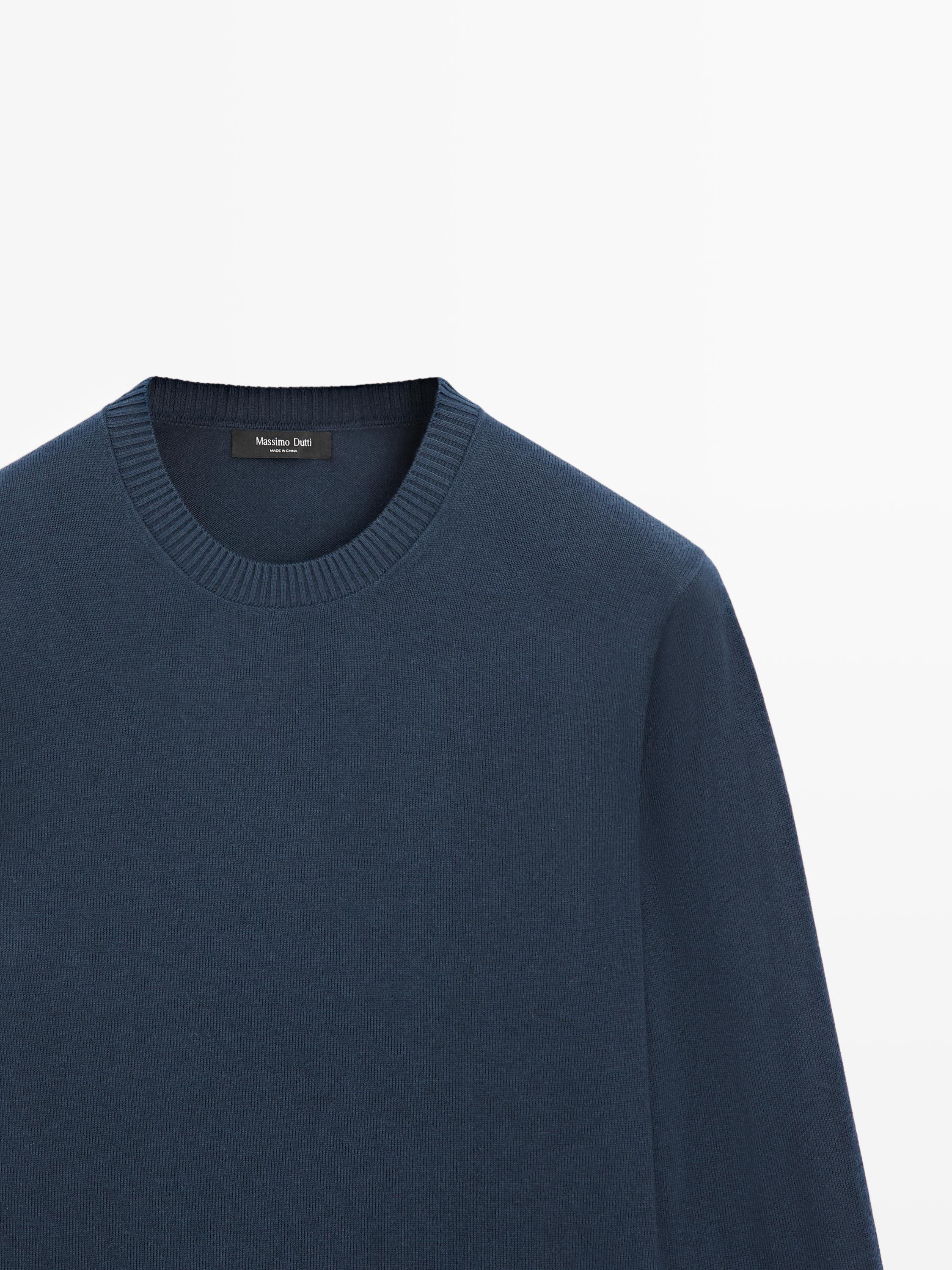 Knit cotton and wool sweater with crew neck — Dark blue