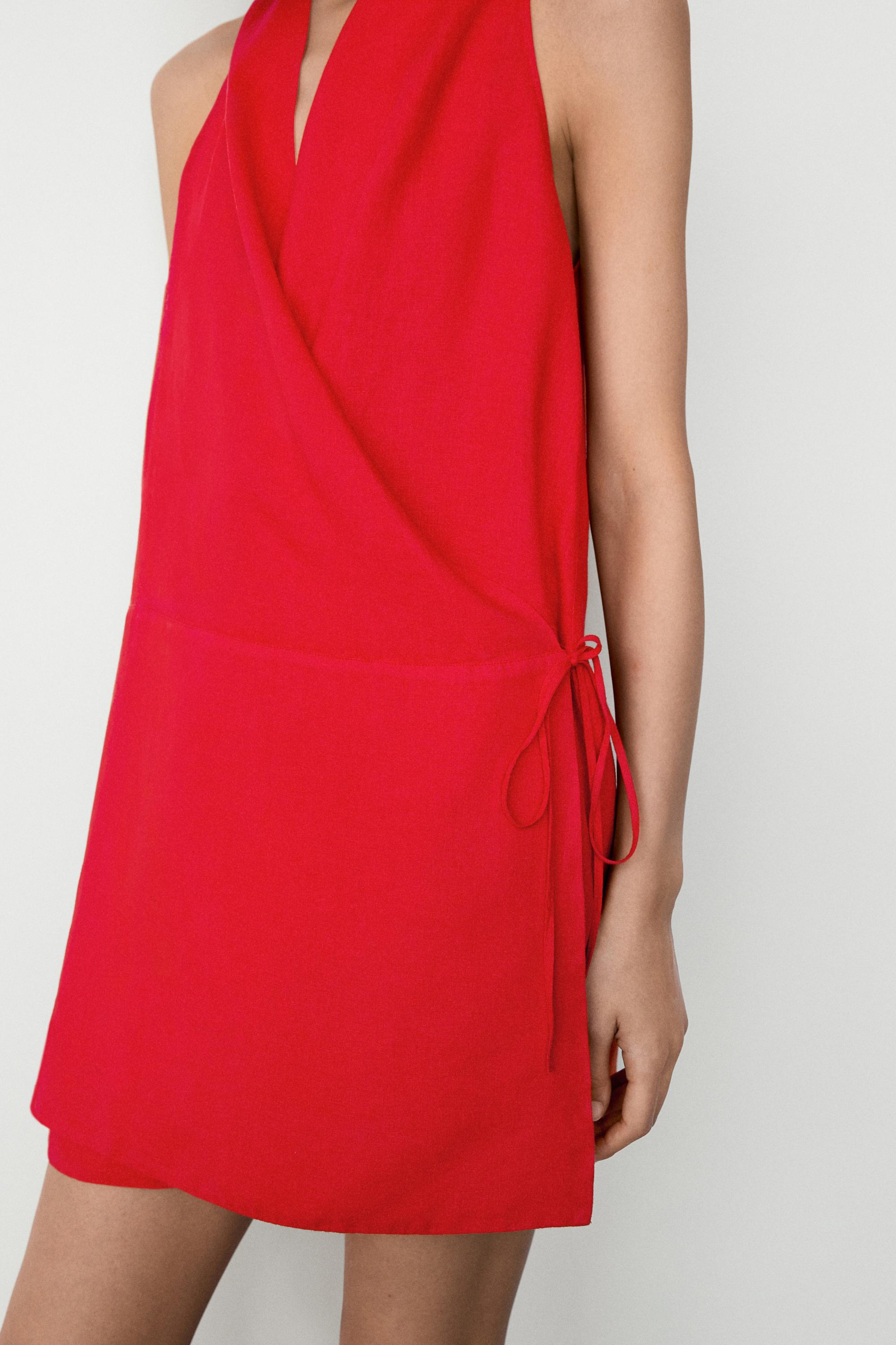 100% linen surplice mini dress — RED