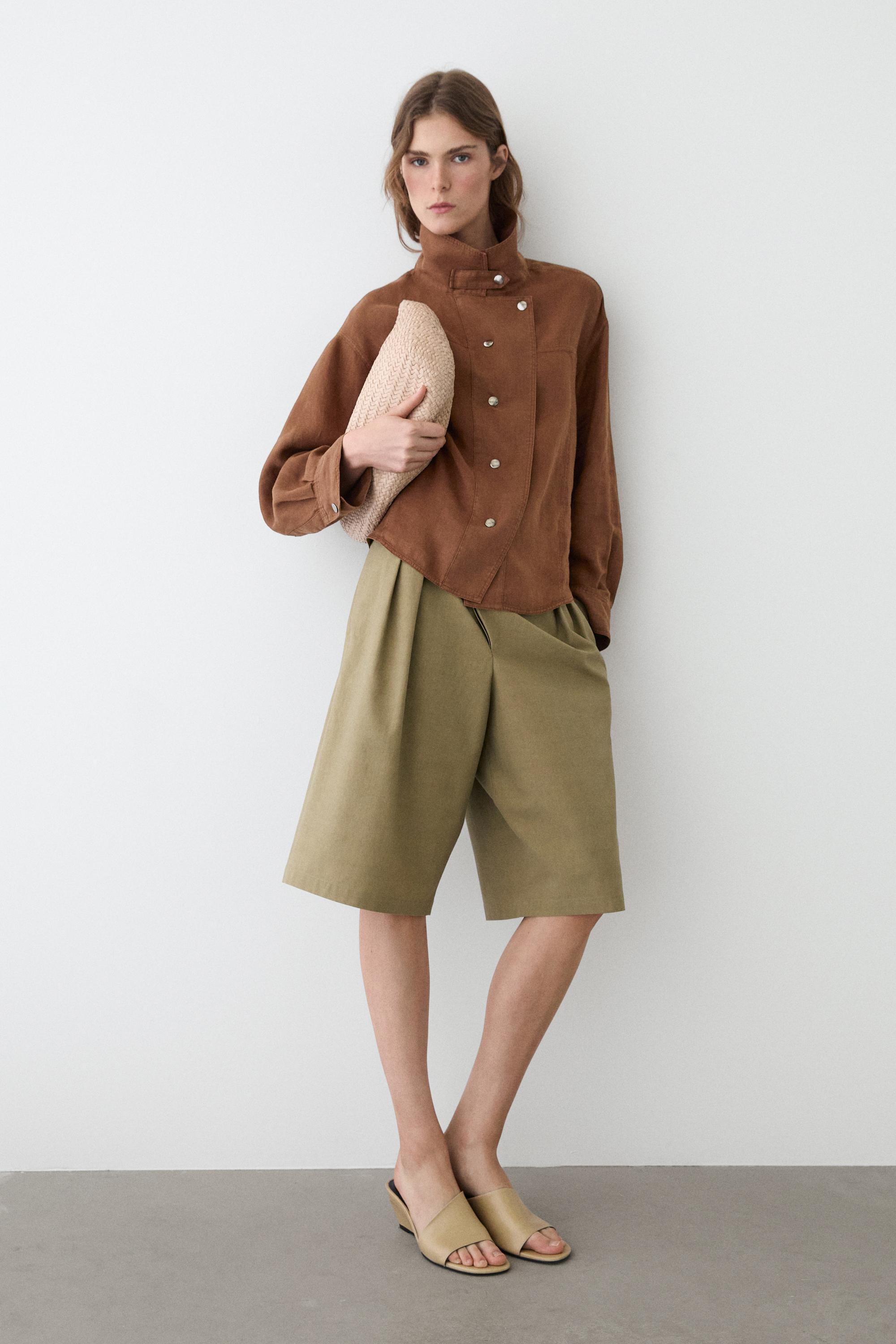 100% linen snap-button shirt — BROWN