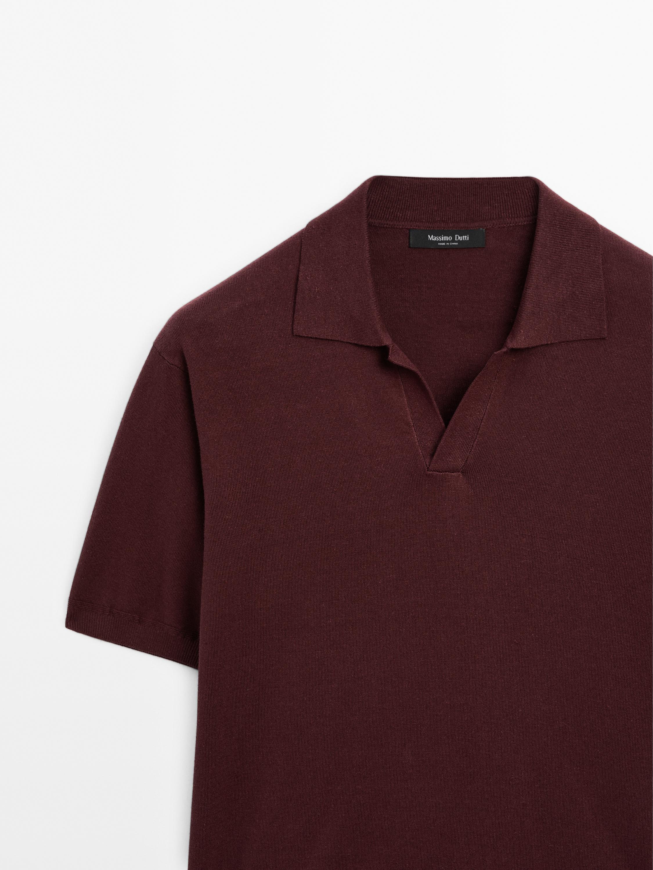 Linen blend knit V-neck polo shirt