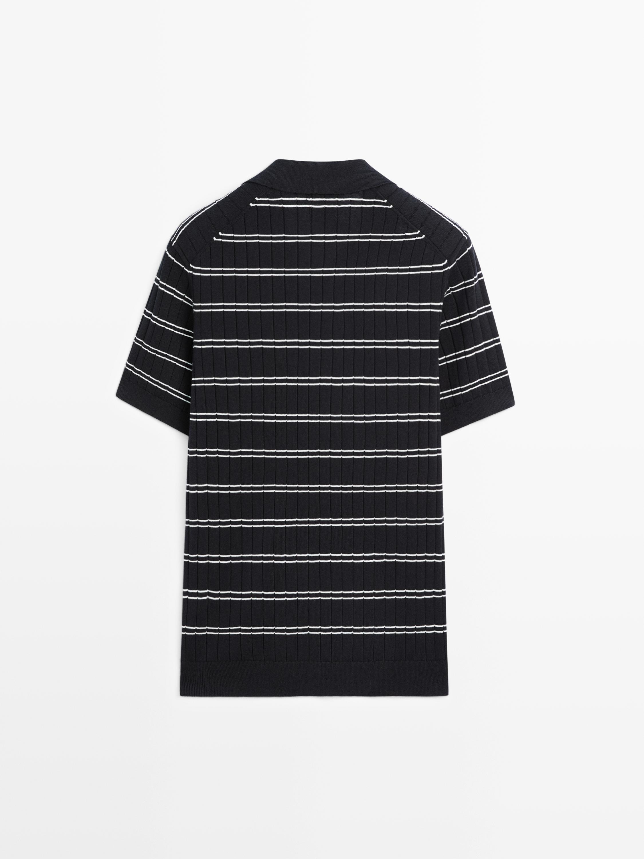 Striped cotton knit polo shirt — NAVY BLUE