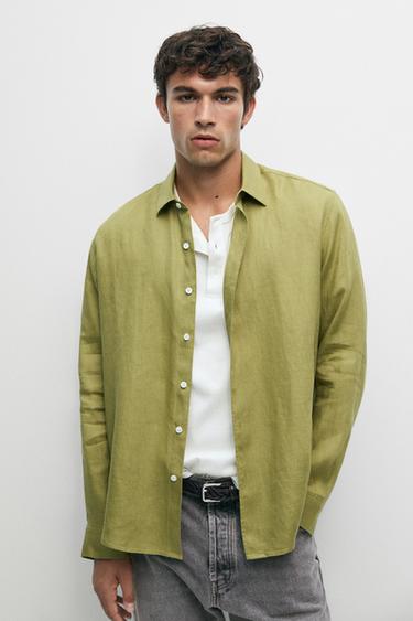 Regular fit 100% linen shirt — GREEN 3