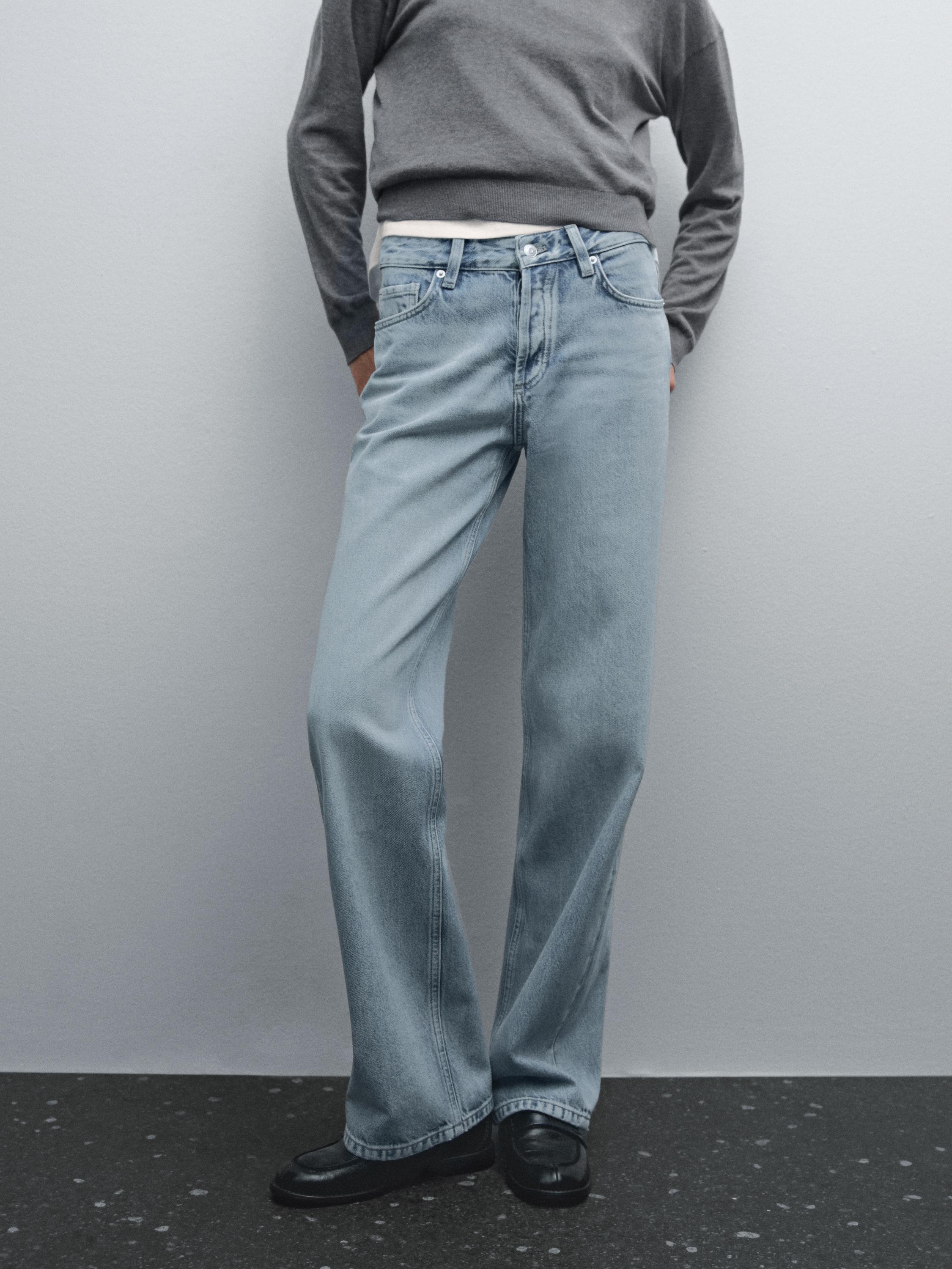 بنطلون جينز بخصر متوسط وساق عريضة