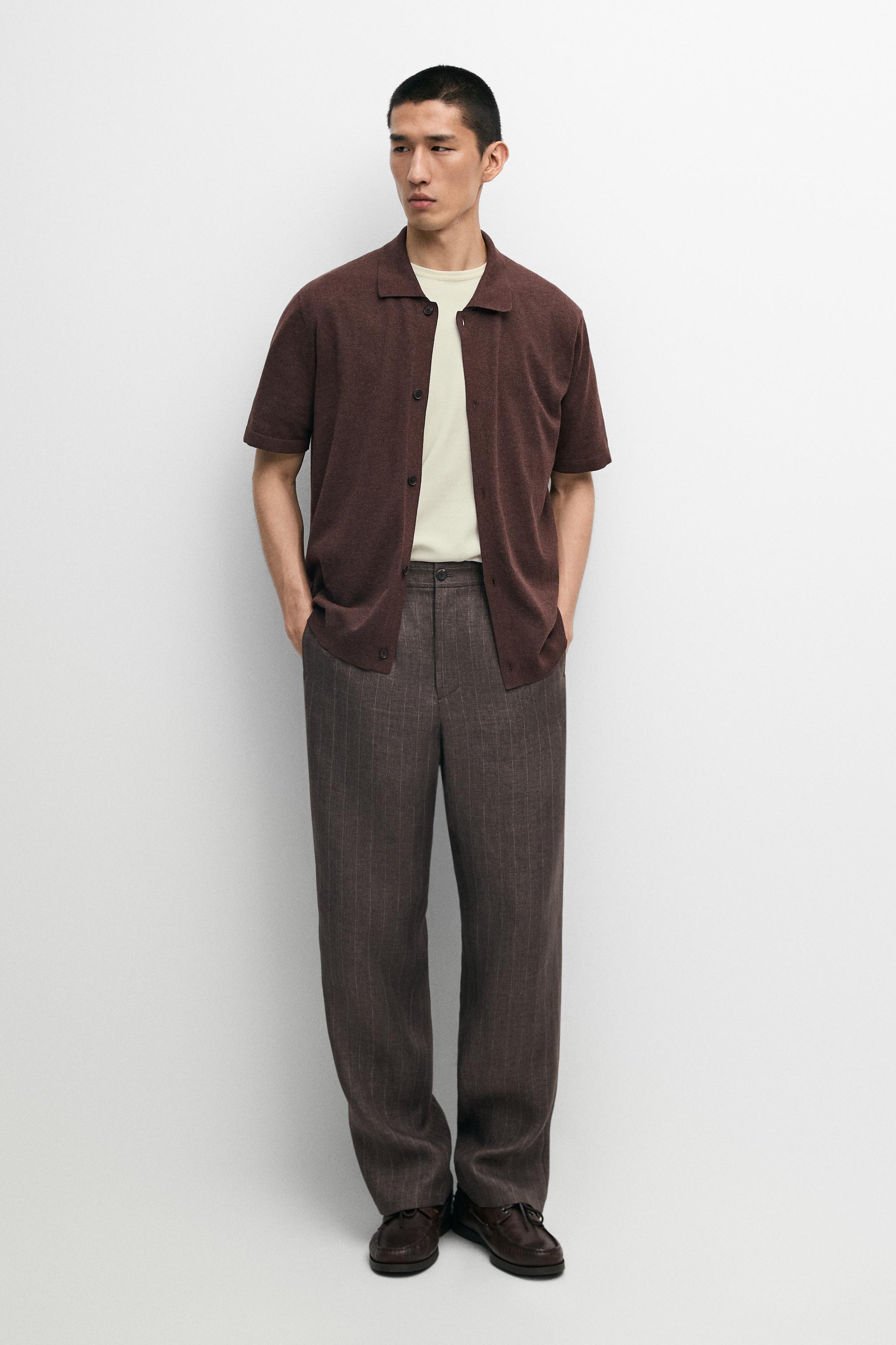Short sleeve button-up knit cardigan — MAHOGANY
