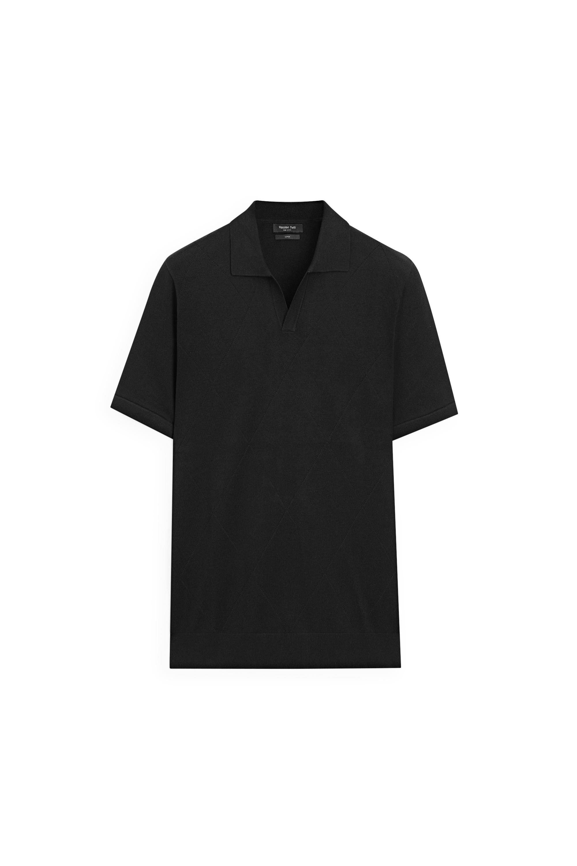 100% cotton intarsia knit polo shirt — BLACK