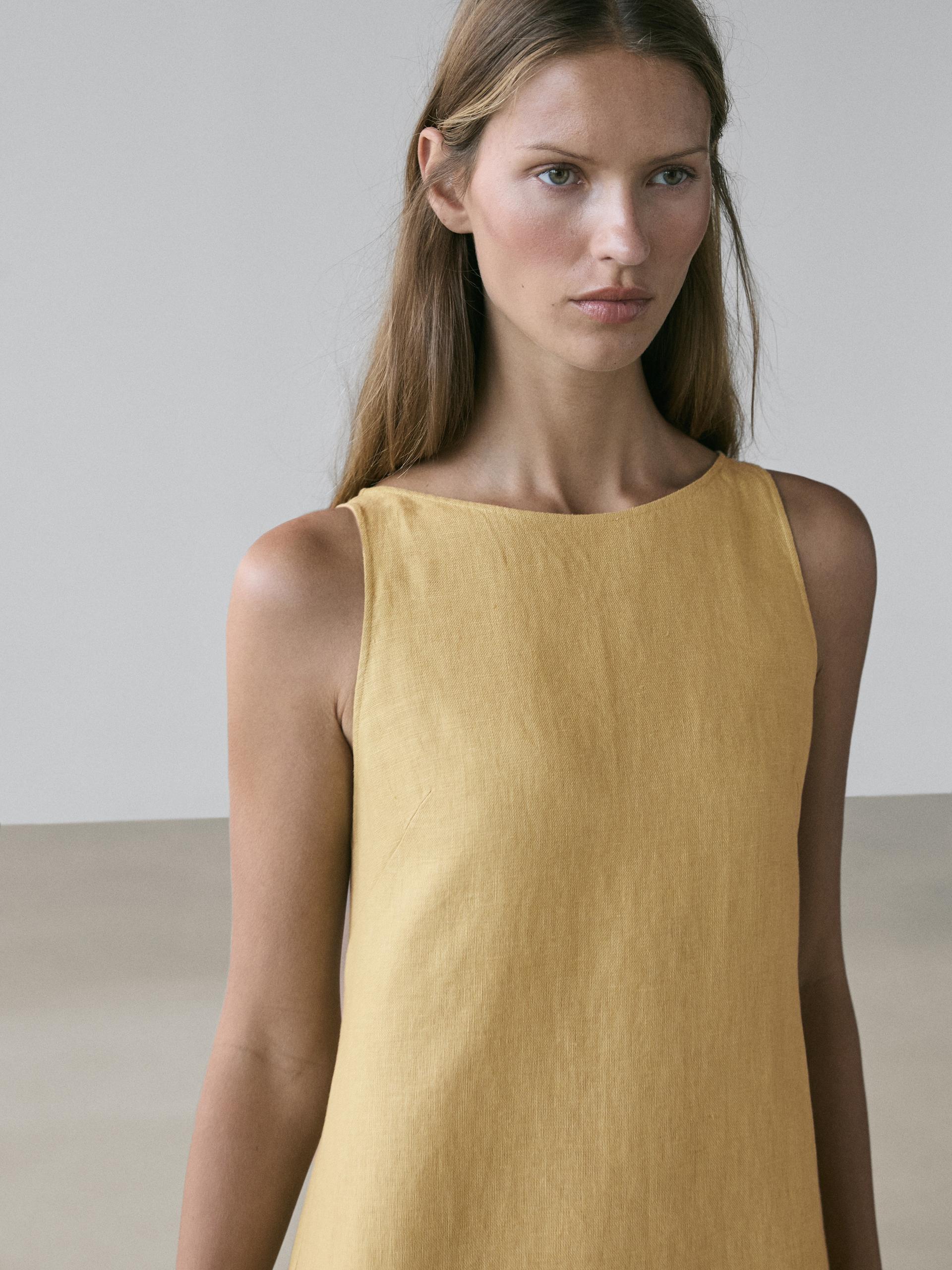 Robe Midi Encolure Américaine Lin - Vert Citron - 42 - Massimo Dutti - Femme