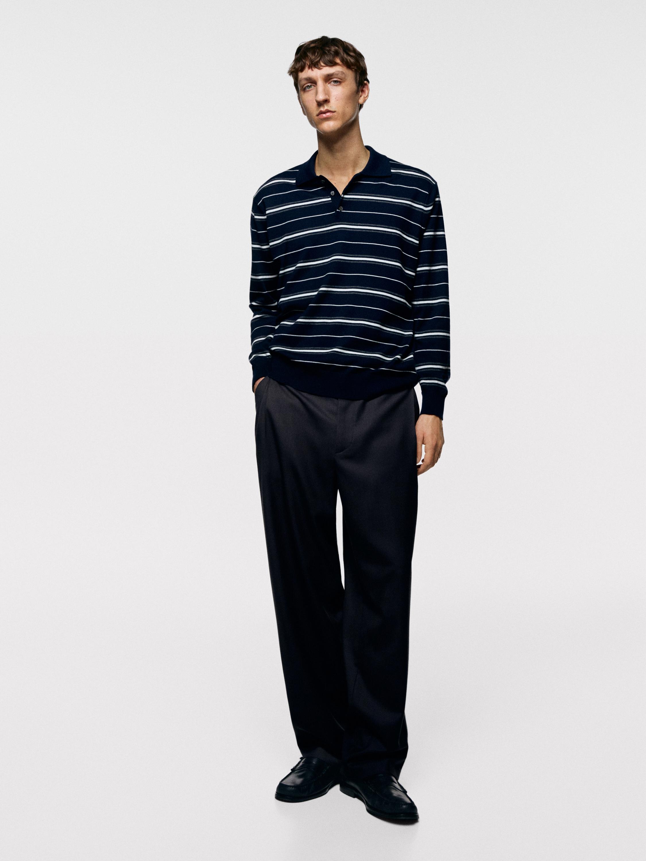Cotton blend striped knit polo sweater — NAVY BLUE