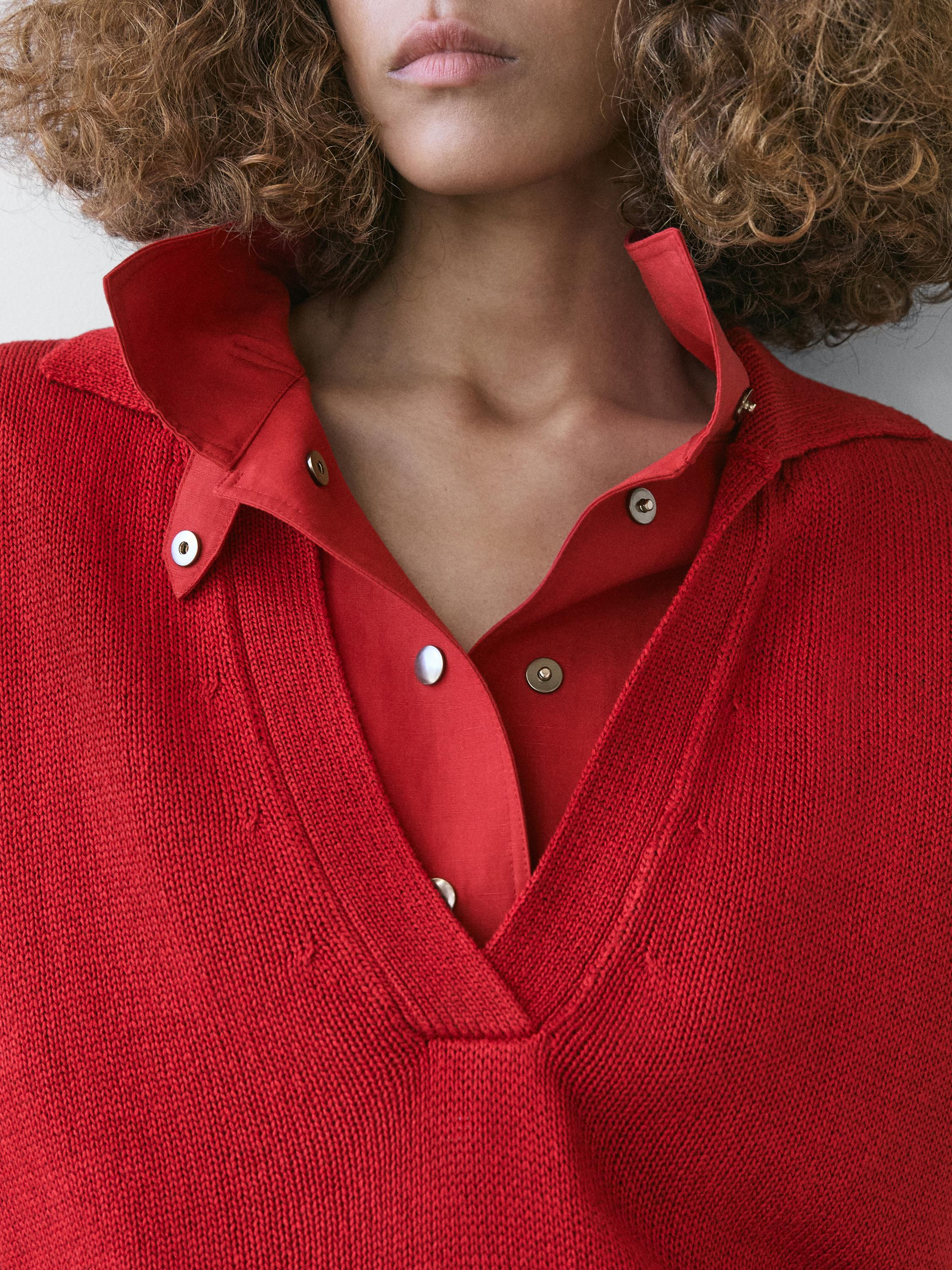 Flowing knit polo sweater — RED