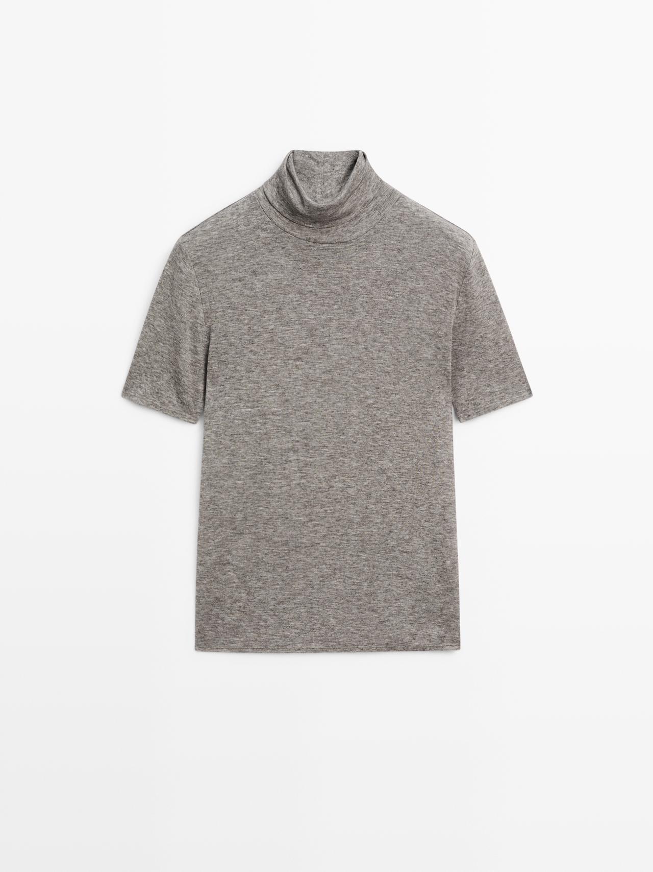 Massimo Dutti - Dames - T-Shirt Met Opstaande Kraag En Korte Mouw - Mink - Xl