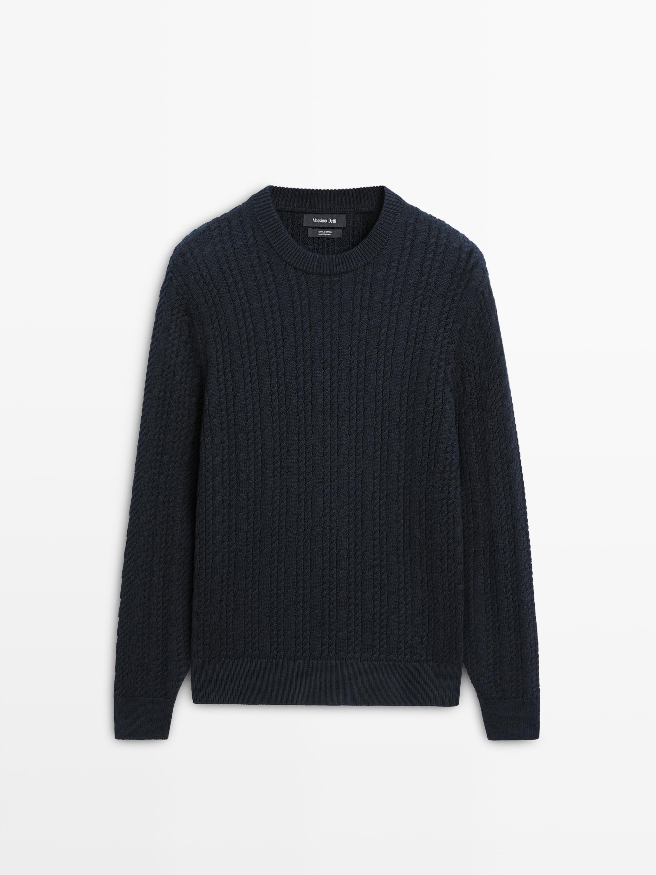 Cable-knit 100% cotton sweater with crew neck — NAVY BLUE