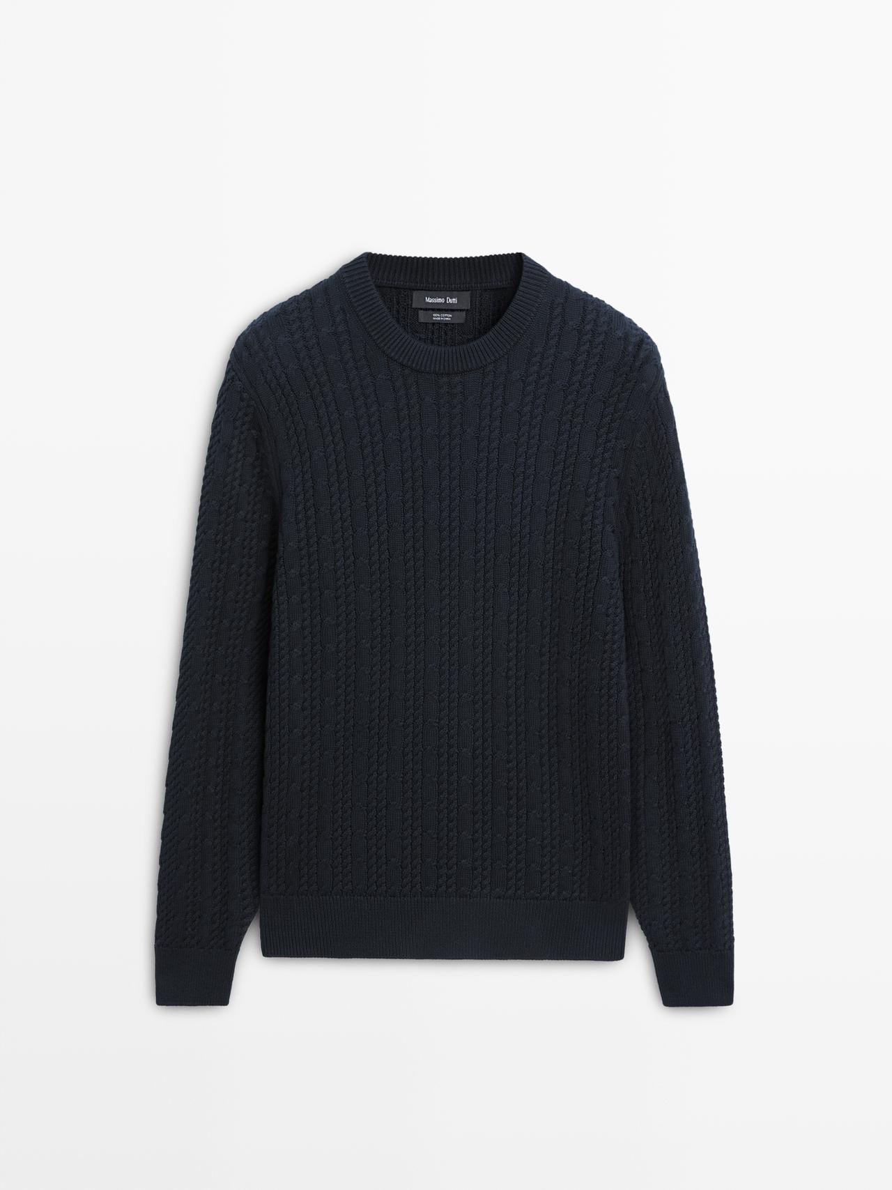 Massimo Dutti - Heren - 100% Katoenen Trui Met Ronde Hals En Kabelmotief - Marineblauw - S