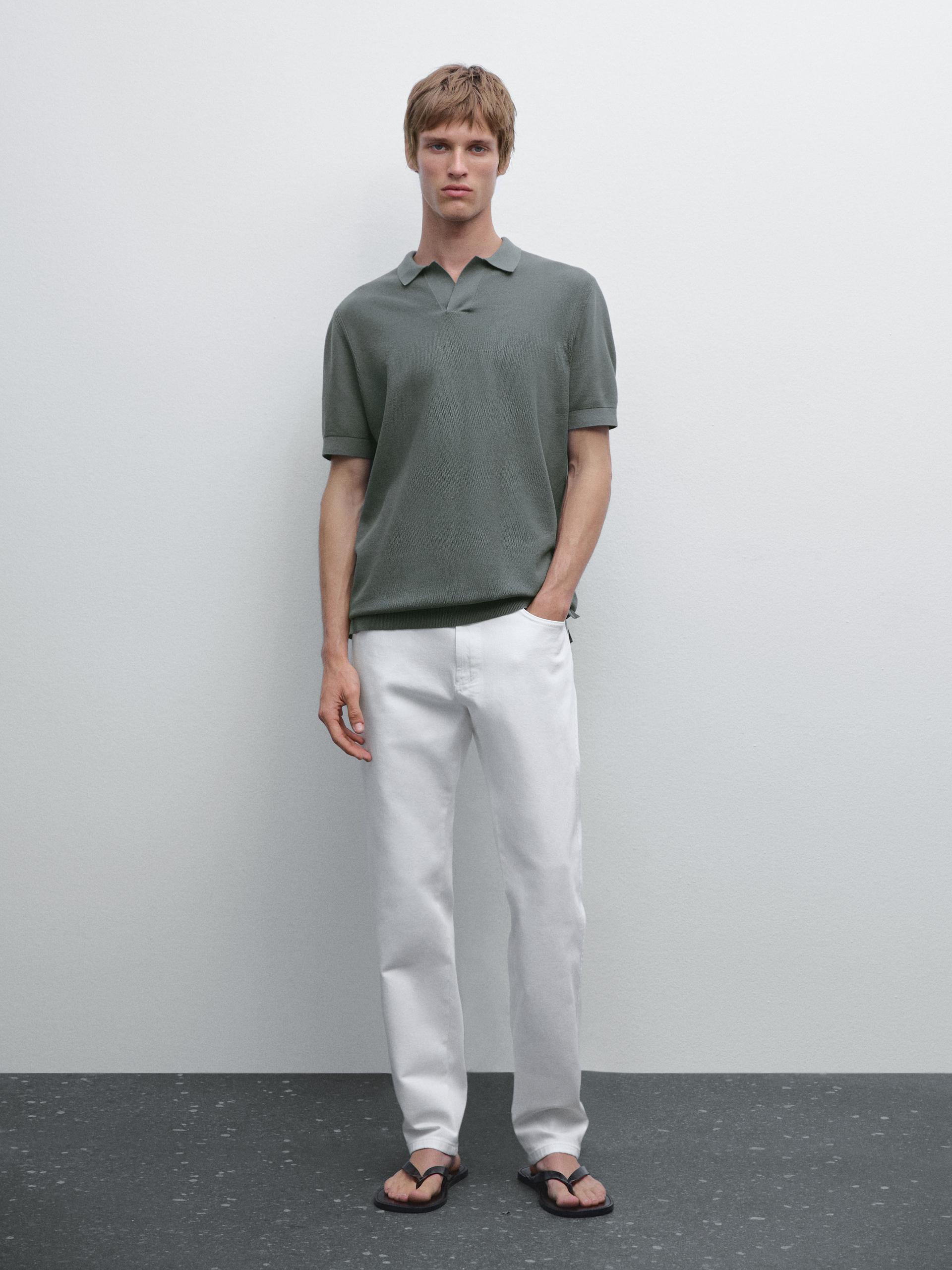 Dzianinowy Sweter Ze 100% Bawełny Z Kołnierzykiem Polo - Grynszpan - Xxl - Massimo Dutti - Mężczyzna