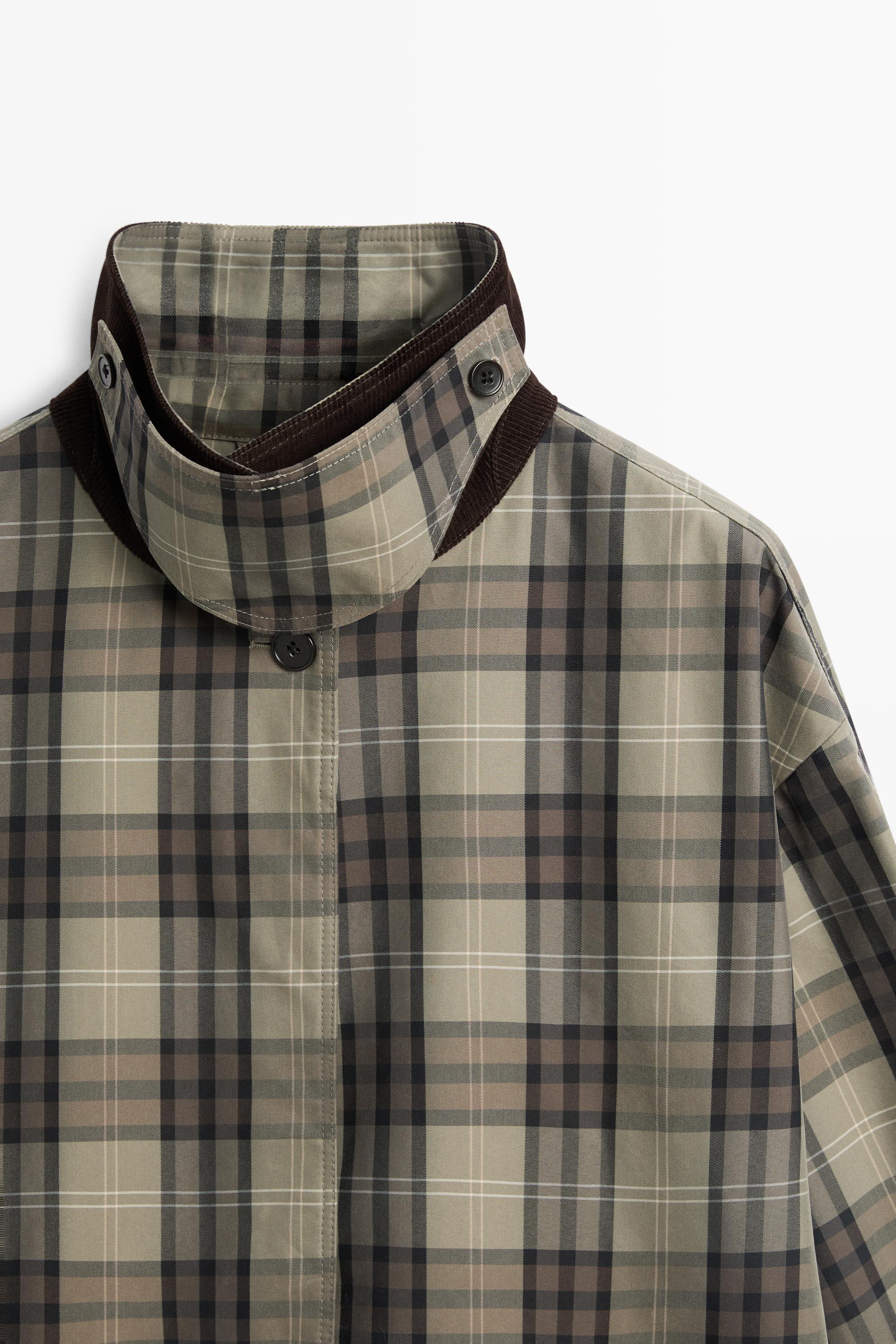 Long cotton blend plaid trench coat — Powder