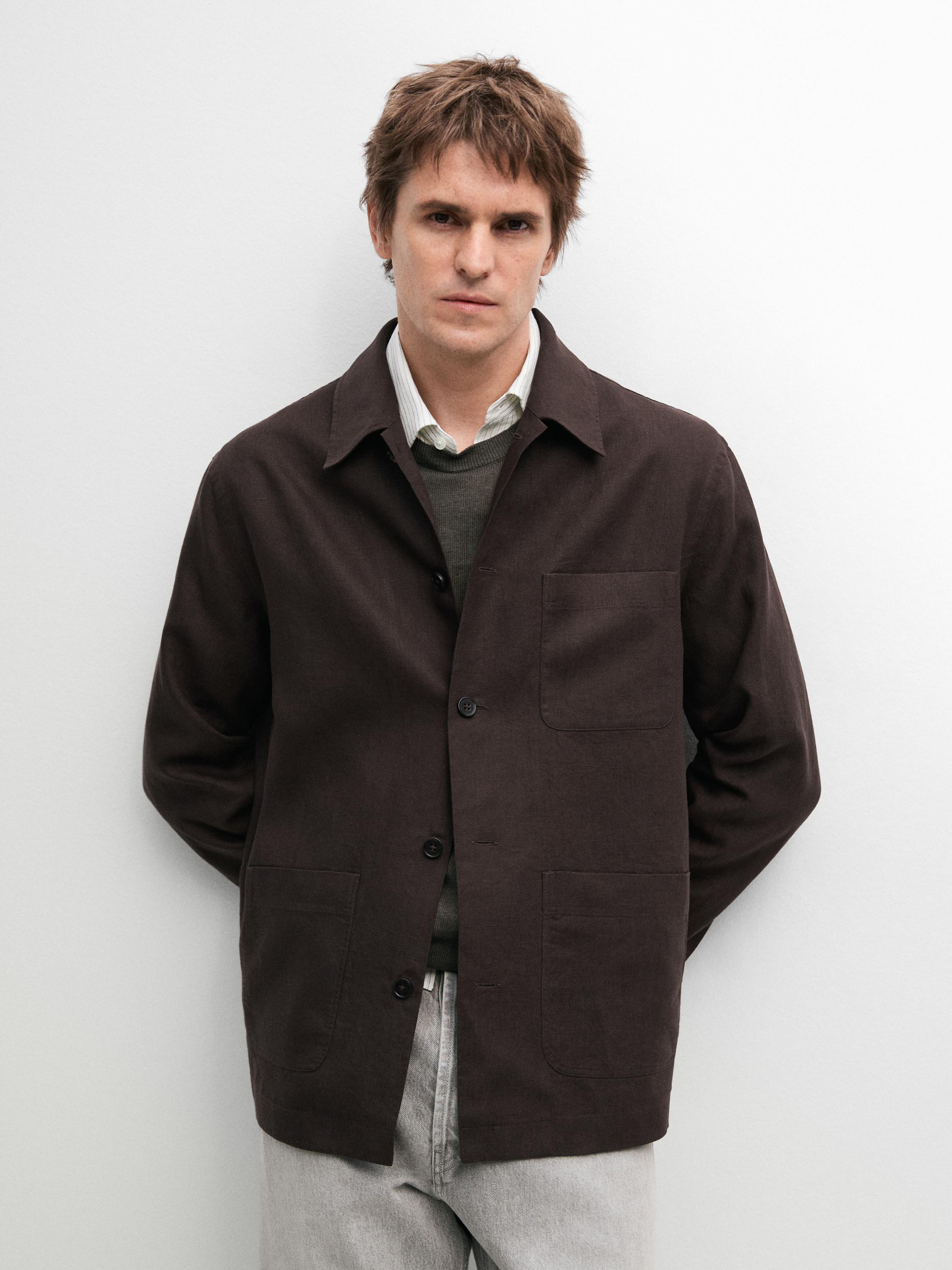 Linen total look overshirt with pocket details — BROWN