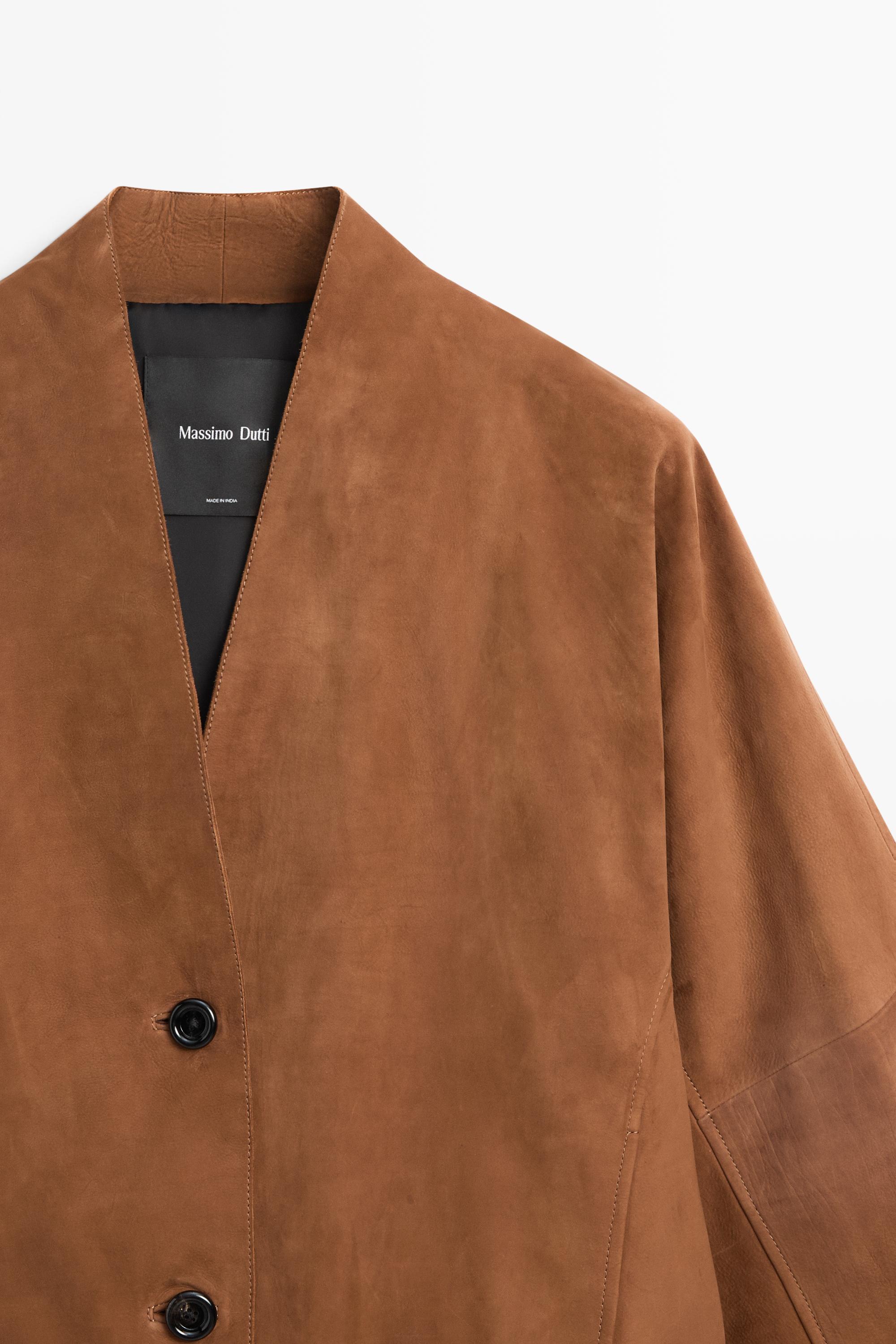 Suede V-neck balloon jacket — CAMEL