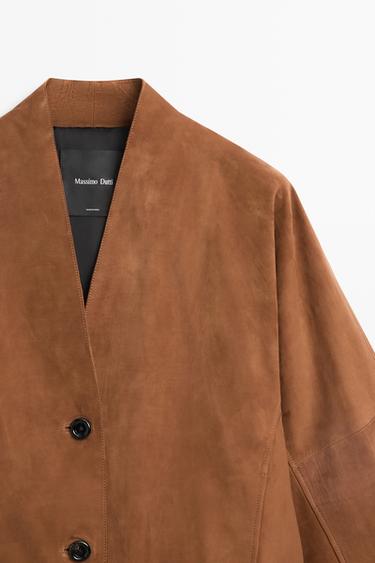 Suede V-neck balloon jacket — CAMEL 4