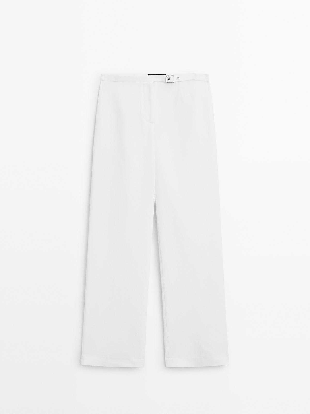 Massimo Dutti - Dame - Straight Fit Bukser Med Spændedetalje - Råhvid - 38