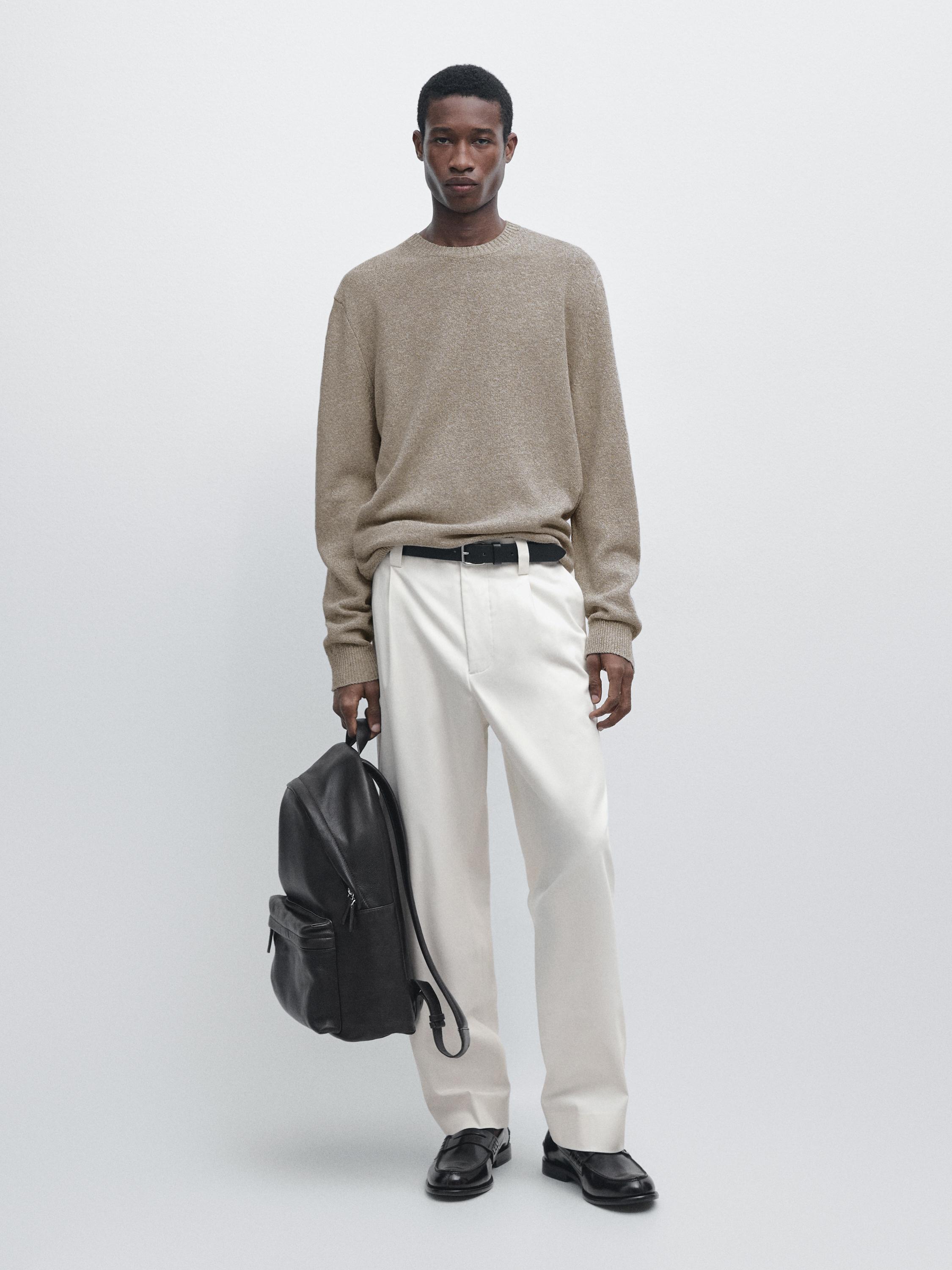 Cotton and linen mouliné knit sweater — BEIGE MARL
