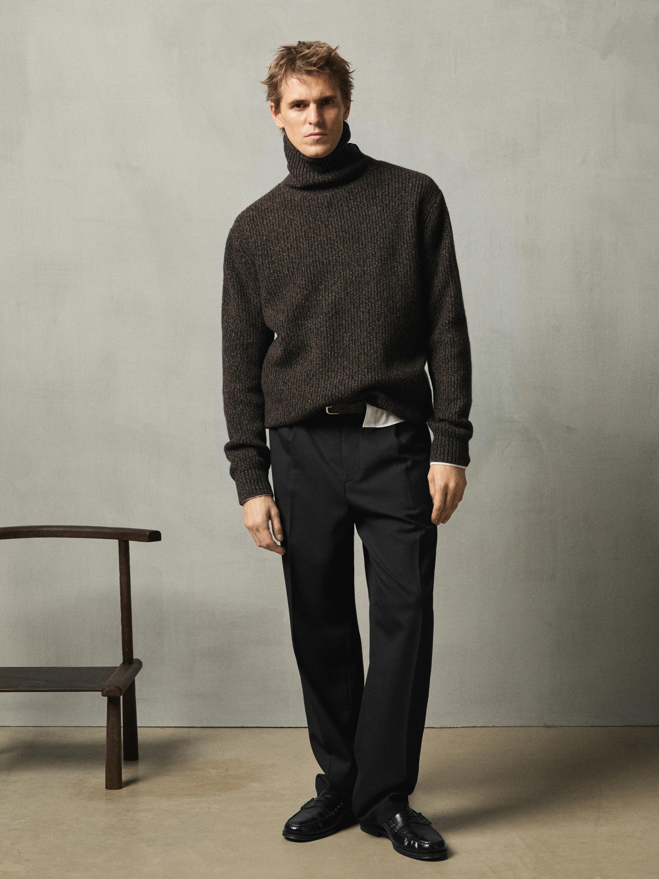 100% wool mouliné knit sweater with high neck