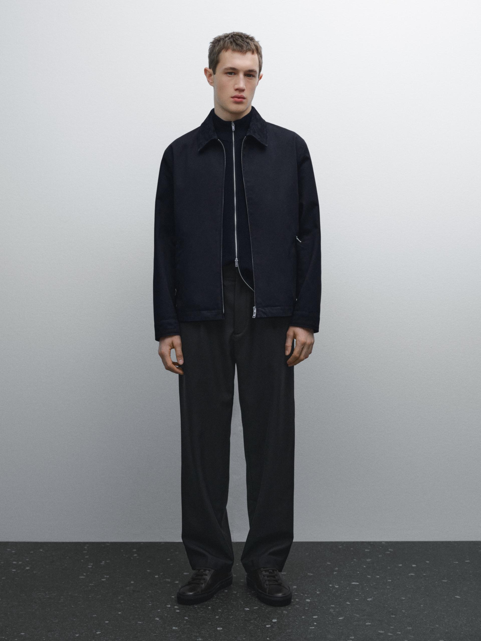 Veste En Coton À Col En Cuir - Bleu Marine - M - Massimo Dutti - Homme