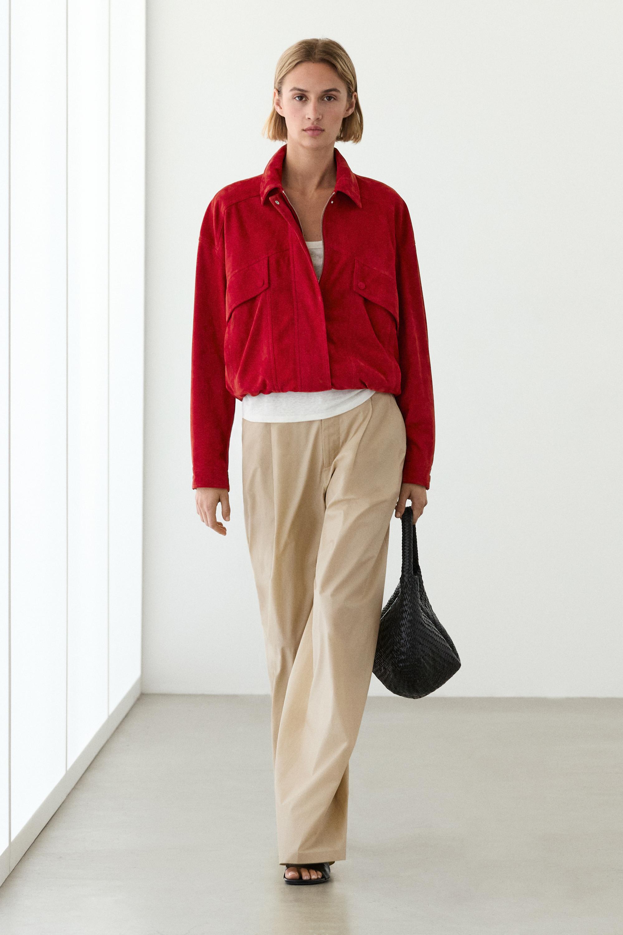 Suede leather bomber jacket with pocket details — RED