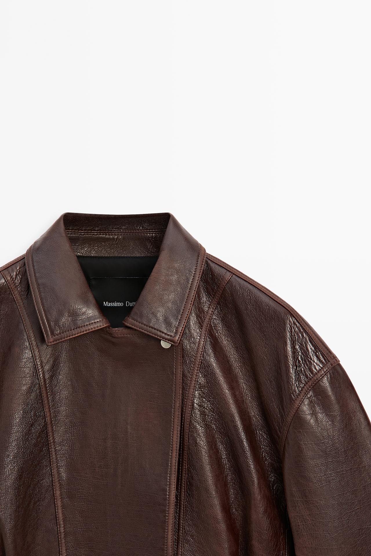 Pleated-detail Nappa leather jacket — BROWN