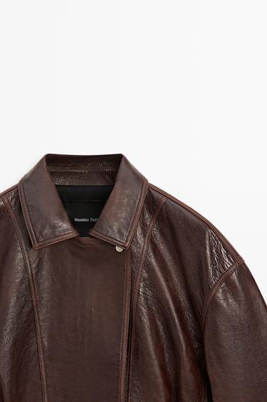 Pleated-detail Nappa leather jacket — BROWN 4