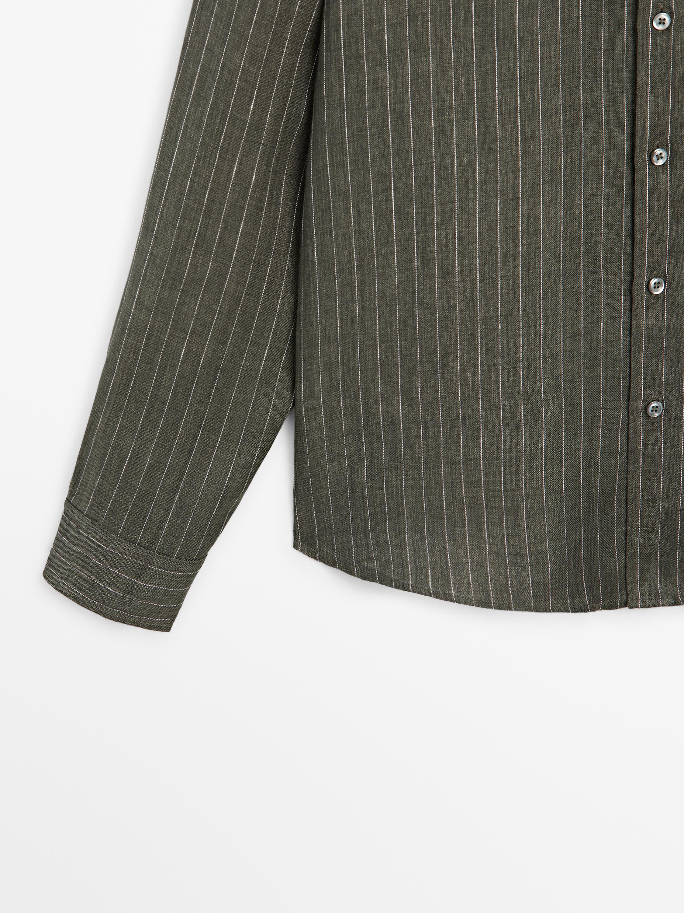 100% linen regular fit striped flowing shirt — GREEN MARL