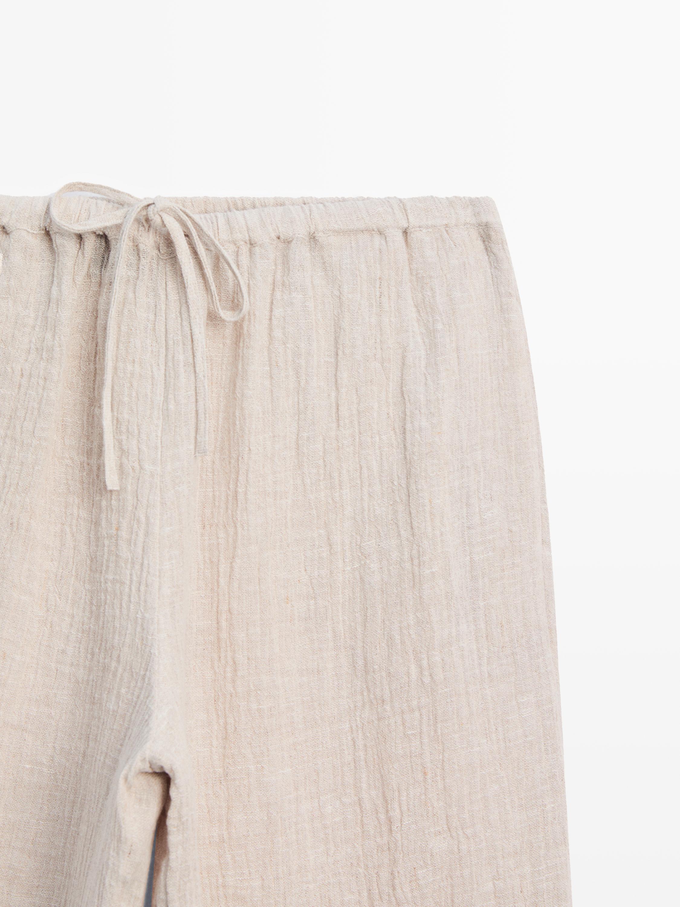 100% linen waffle-knit sarouel trousers — SAND